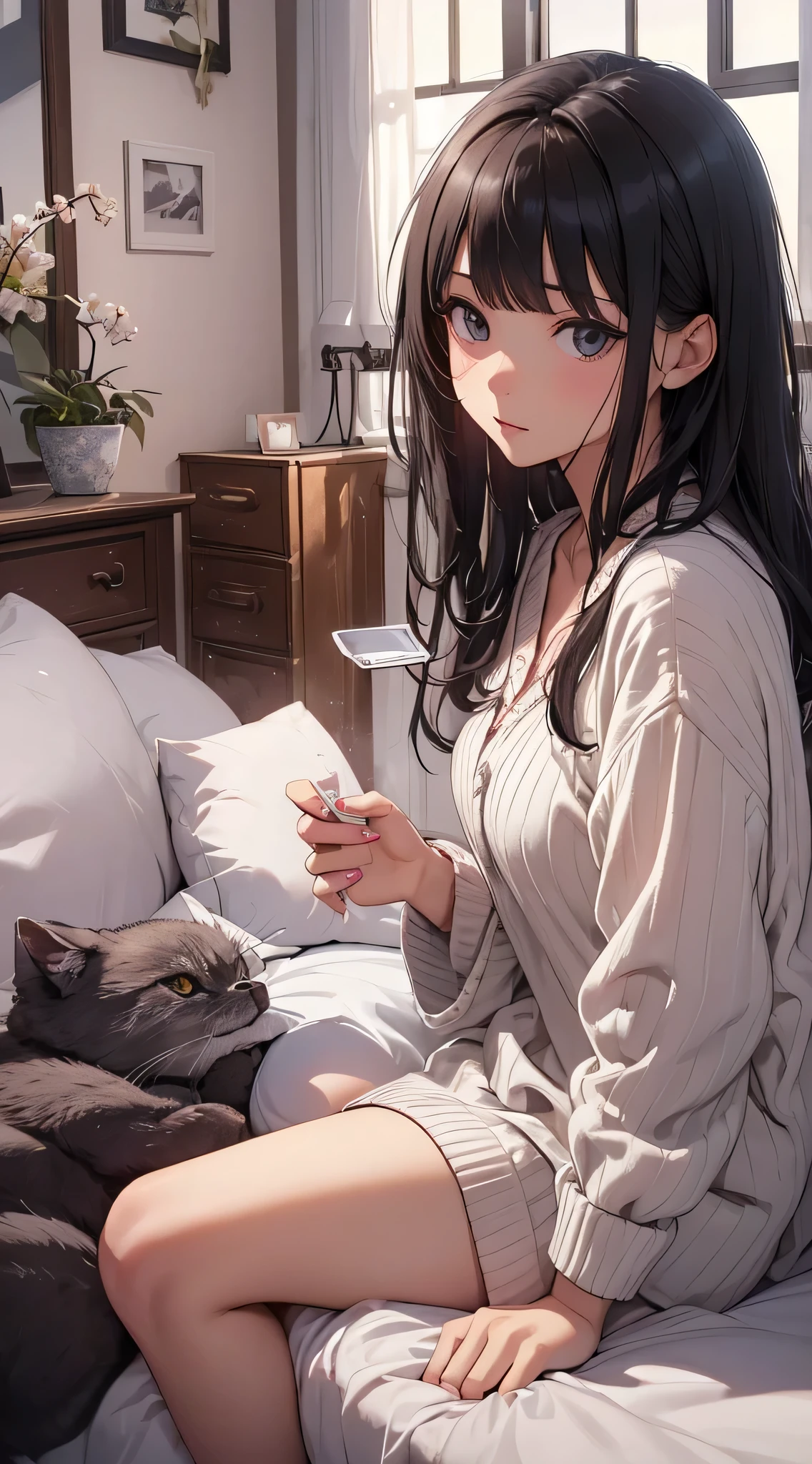 top-quality、Top image quality、masterpiece、age girl((Black pajamas、18year old、 Ager、Best Bust、big bast,Black eyes, Black hair、A slender,Large valleys、Clean and clean、床futon beddingの上にいる、yawns)),hiquality、Beautiful Art、Background with((Nice and clean room.、futon bedding、animal stuffed、pink walls、Aroma diffuser))masterpiece、depth of fields,Cinematic style
