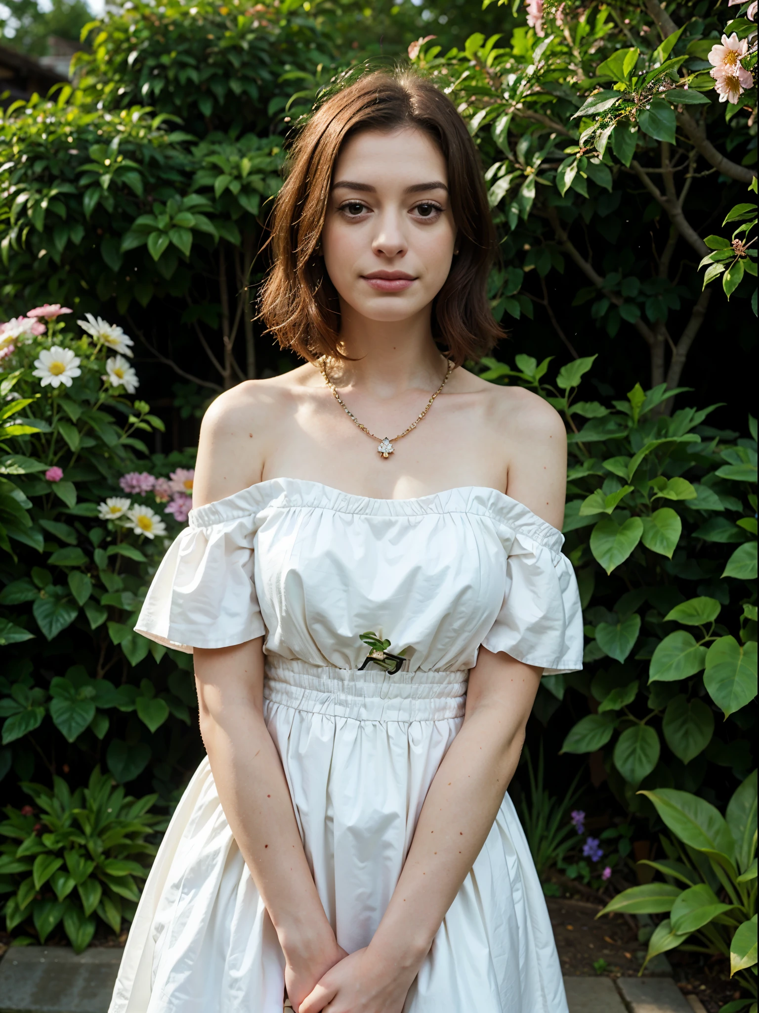 25 y.o, off shoulder dress, face like anne hathaway, garden, flower, necklace