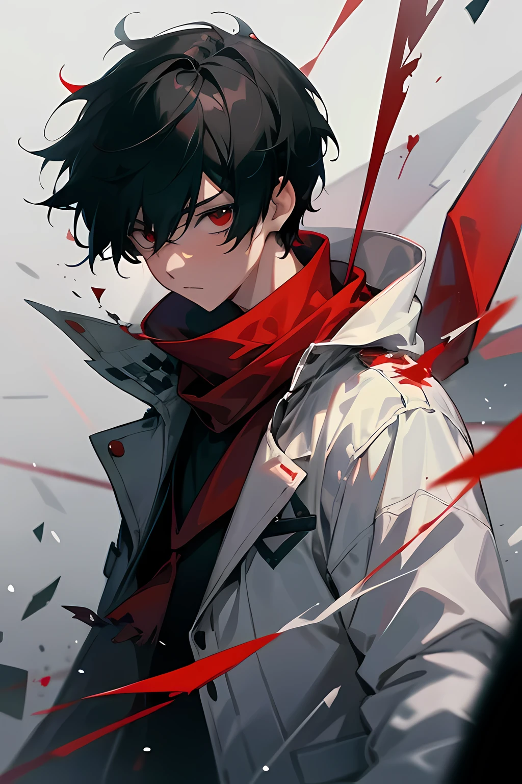 1boy, short black hair, red eyes, wearing a white jacket, wearing a red ribbon as a scarf, sad, falling, surrounded by shattered glass, facing to the side, looking straight at viewer, upper body shot, absurdres, high res, ultrasharp, 8k, masterpiece