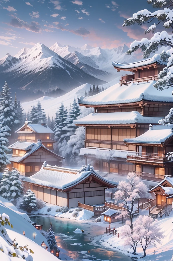(Best Quality, 8K, masutepiece :1.3), snow mountains, Quiet snow-capped landscape, Breathtaking natural landscapes, Outside, traditional japanese building, quiet mountain resort, A quiet winter wonderland, Snow-covered peaks, Majestic beauty, pristine white snow,