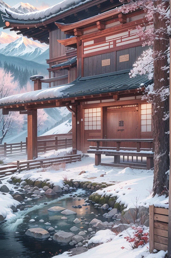 (Best Quality, 8K, masutepiece :1.3), snow mountains, Quiet snow-capped landscape, Breathtaking natural landscapes, Outside, traditional japanese building, quiet mountain resort, A quiet winter wonderland, Snow-covered peaks, Majestic beauty, pristine white snow,
