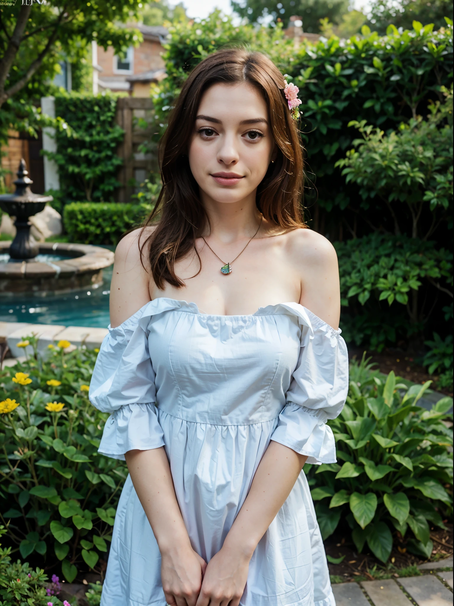 25 y.o, off shoulder dress, face like anne hathaway, garden, flower, necklace