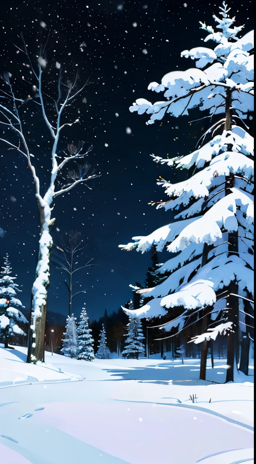 snow,snowing, dense forest,trees,((night)),no human