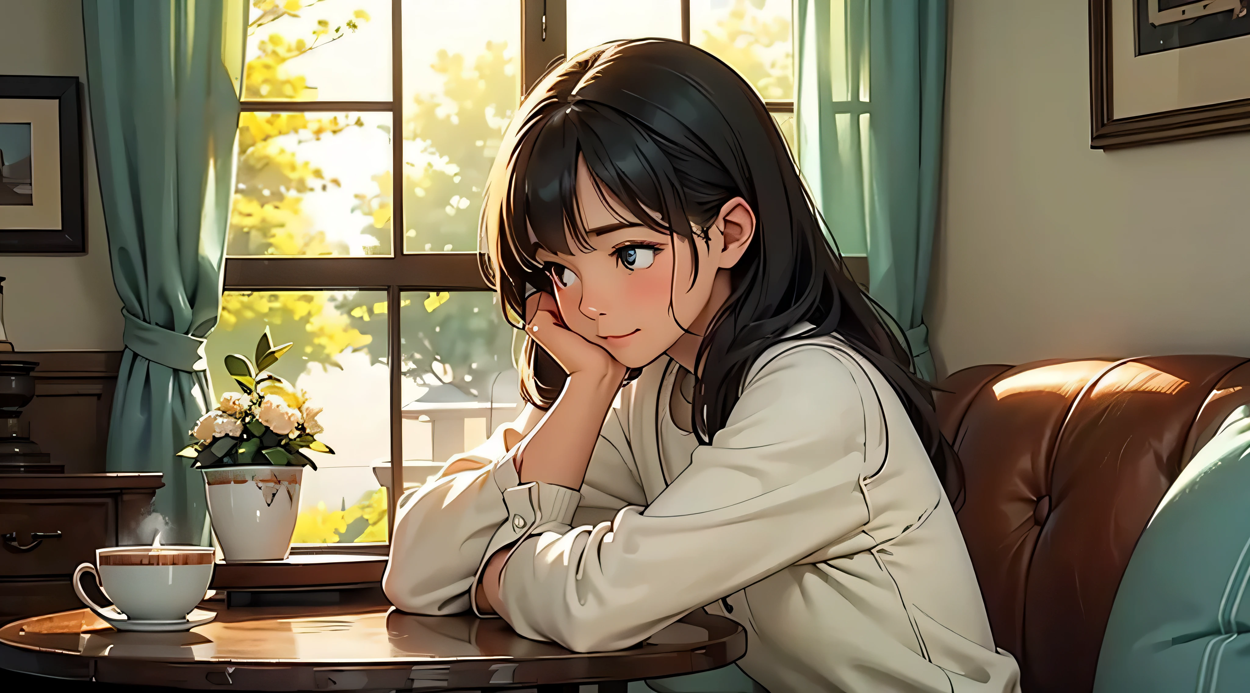 Best Quality,Ultra-detailed,Realistic:1.37,cafes,Illustration,cutout,Emitting color,Cold atmosphere,loneliness girl,Sad atmosphere,Expression of admiration,Warm tones,Soft lighting,Comfortable seats,Cozy Corner,Bokeh background,Steaming cup of coffee,Beautiful detailed eyes,Gentle smile,Vintage decoration,Vintage Vibes,Sober pastel palette,Morning sunlight shining through the window,Airy and spacious々and,Casual Outfit,Relaxed posture,A girl sitting alone at a Cozy Corner in a cafes, enjoying moments of solitude, immerse yourself in one&#39;s thoughts. The cafes is filled with Warm tones and Soft lighting, Create a calm and peaceful atmosphere. The surroundings are adorned with Vintage decoration, Adds a nostalgic touch to the scene. Girls are beautiful, detailed eyes and a Gentle smile, her Expression of admiration reflecting the emotions that fill her heart. Outside the window, Morning sunlight, casting a radiant glow on the cafes. The sound of a Steaming cup of coffee fills the air, Add to the atmosphere. With a Casual Outfit and a Relaxed posture, She embodies the essence of tranquility and calm. This Illustration captures a bittersweet moment of introspection and a sense of inner peace.