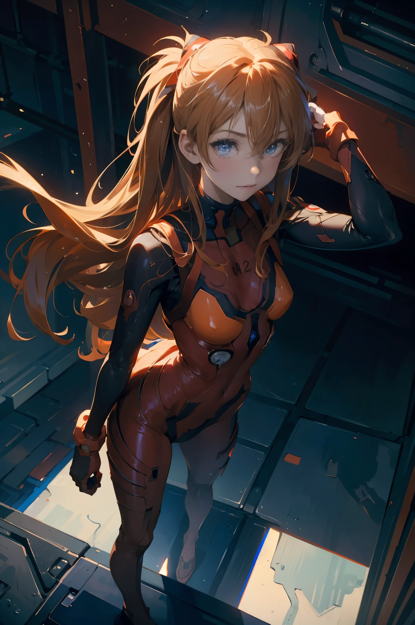 (masterpiece), best quality, expressive eyes, perfect face, 1girl, solo, souryuu asuka langley, interface headset, red bodysuit, hands on waist, standing, hand raised, pointed at the viewer, laboratory background, portrait, looking at the viewer, from above