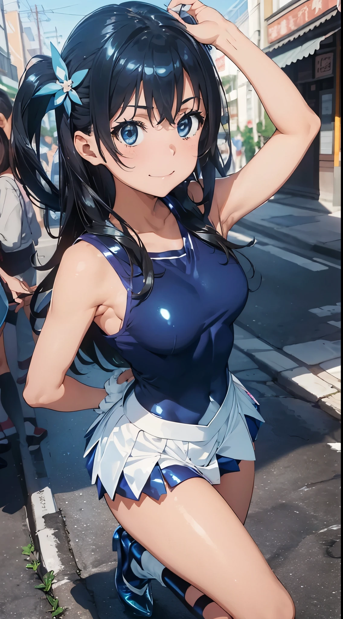 1womanl,Black hair,12year old ,((Impatient expression)),Beautiful breasts,(((Sexy magical girl white and blue shiny high-leg bodysuit)))(())(((a smile)),((())),((( portlate))),We have blue eyelashes)))()Street,Crowds(magical girl hair ornament)