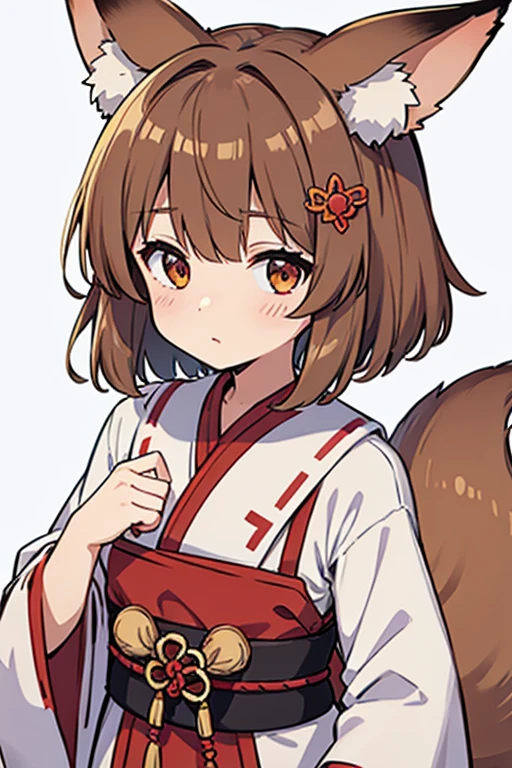 light brown hair, short-hair, Fox ears, shrine maiden clothe, white background, no backgrownd, No ears, hair ornament