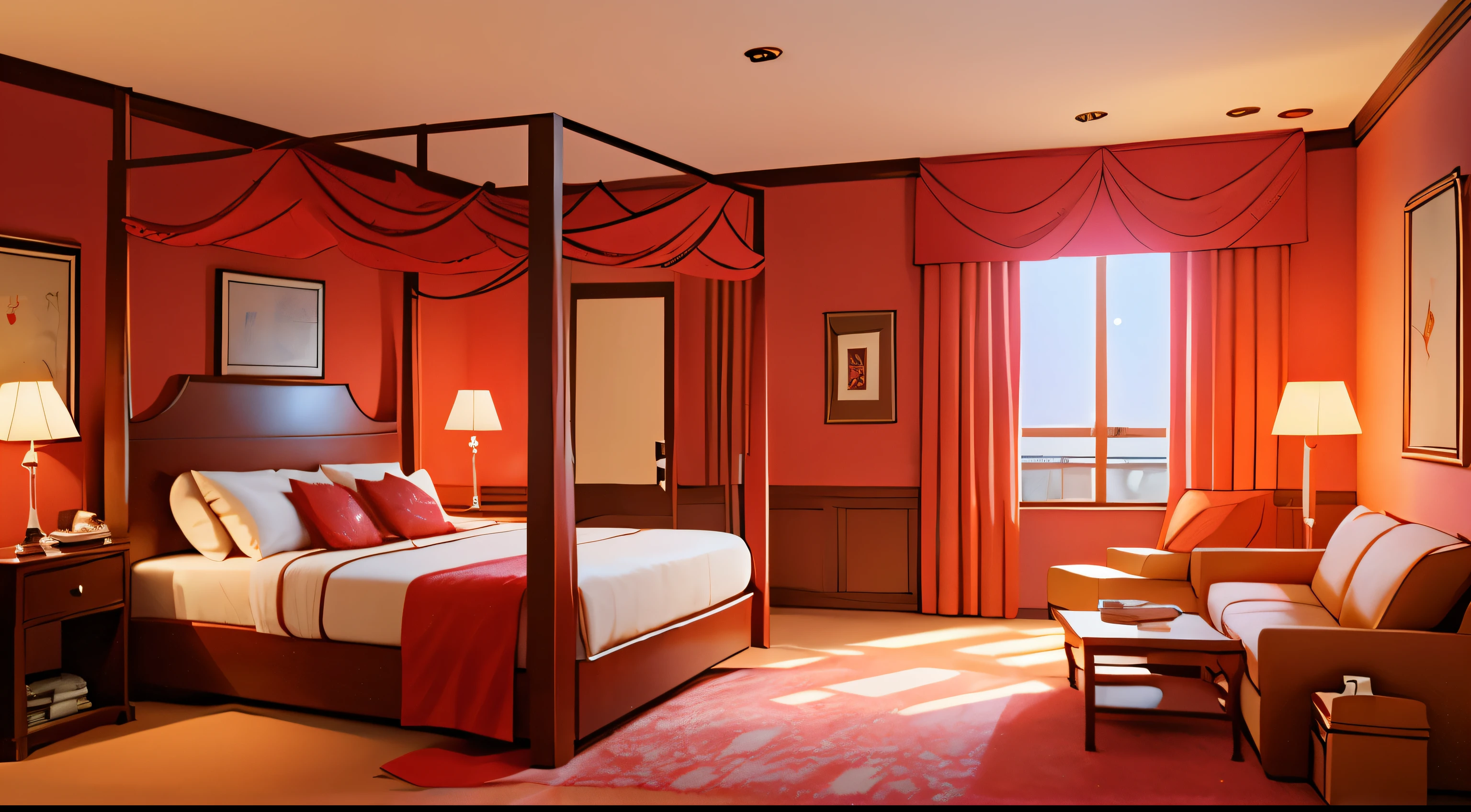 bedroom, with curtains, large kind size bed, chair, table, lamp, window, carpet, in red variations, top quality, five star hotel, deluxe