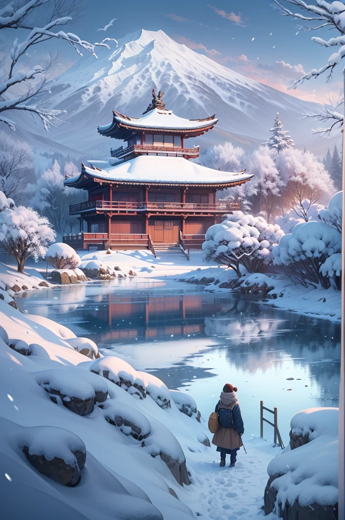 (Best Quality, 8K, masutepiece :1.3), snow mountains, Quiet snow-capped landscape, Breathtaking natural landscapes, Outside, traditional japanese building, quiet mountain resort, A quiet winter wonderland, Snow-covered peaks, Majestic beauty, pristine white snow,