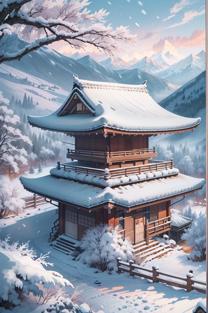 (Best Quality, 8K, masutepiece :1.3), snow mountains, Quiet snow-capped landscape, Breathtaking natural landscapes, Outside, traditional japanese building, quiet mountain resort, A quiet winter wonderland, Snow-covered peaks, Majestic beauty, pristine white snow,