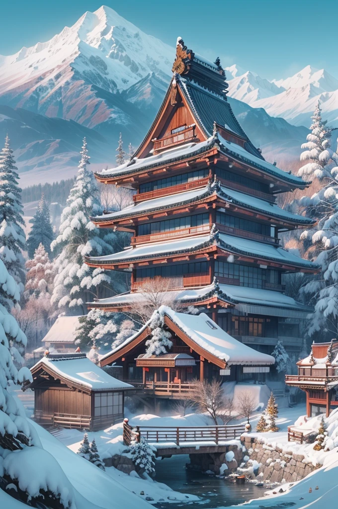 (Best Quality, 8K, masutepiece :1.3), snow mountains, Quiet snow-capped landscape, Breathtaking natural landscapes, Outside, traditional japanese building, quiet mountain resort, A quiet winter wonderland, Snow-covered peaks, Majestic beauty, pristine white snow,