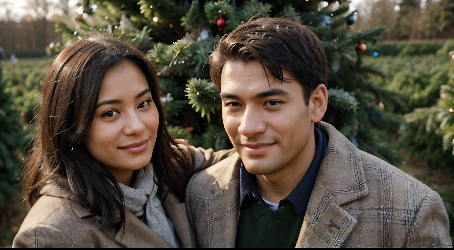 A close-up of a multi-ethnic couple standing in a Christmas tree farm together in Newcastle-Upon-Tyne. The man is standing behind his wife with his arms around her, they are looking away from the camera and smiling.