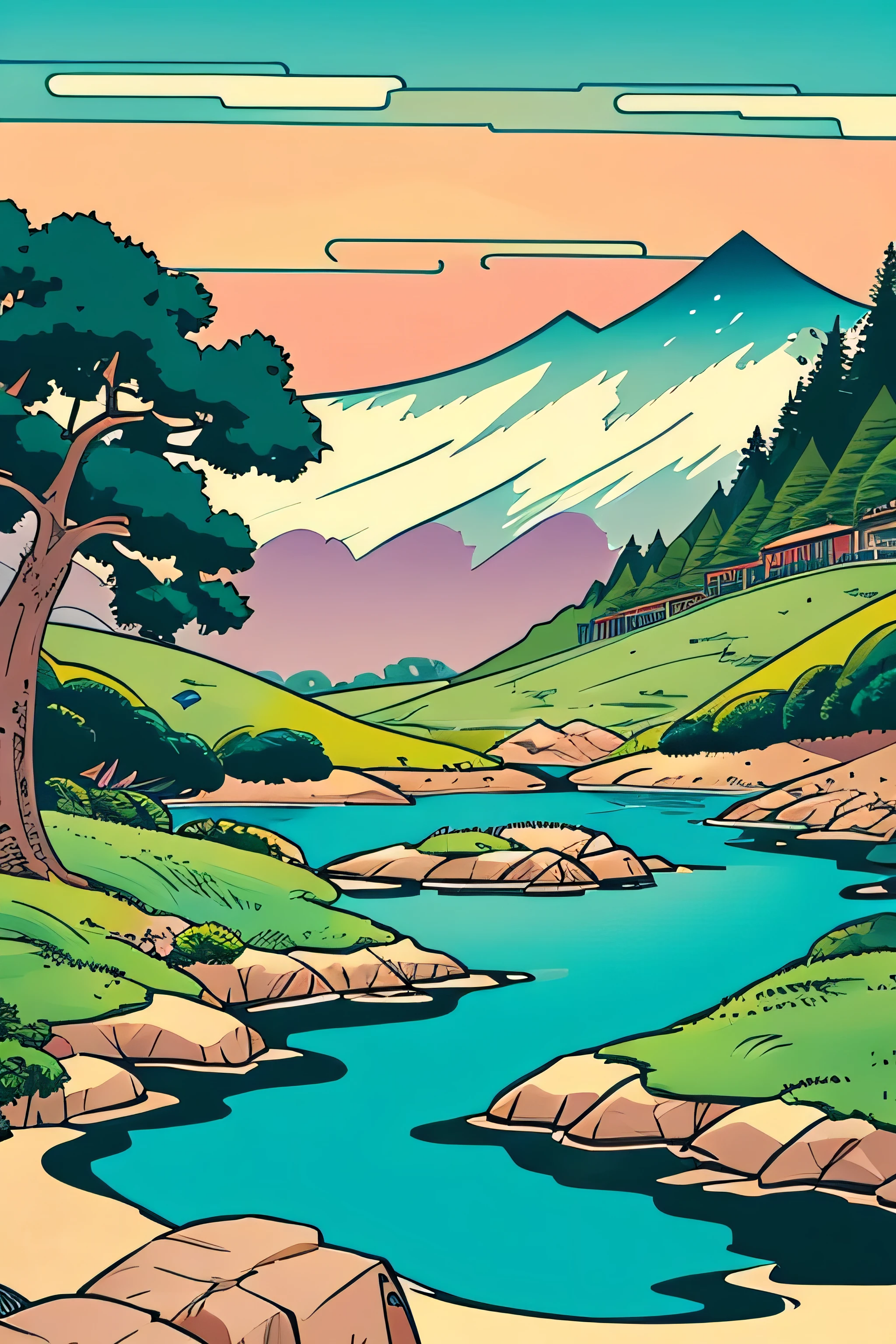 Ukiyo-e style　landscapes　pop music　colourfull　Cartoon style