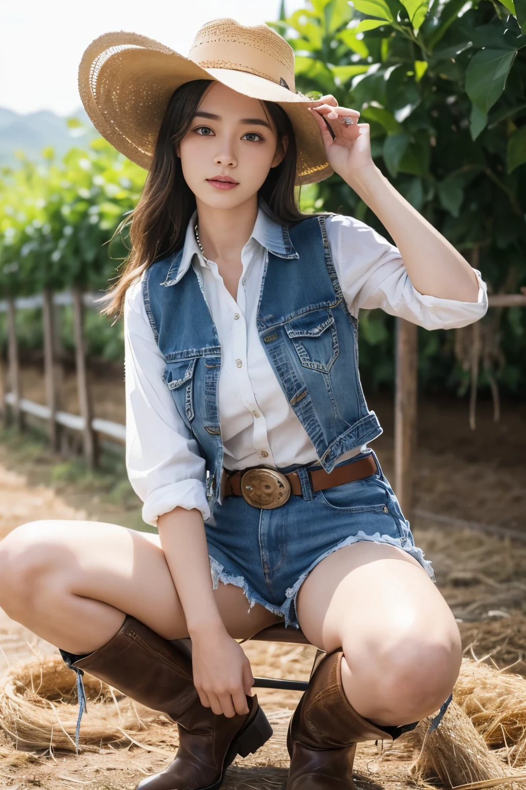 ((1 girl takes care of the farm)),(((cowgirl outfit))),(((Wear low-rise denim shorts and long western boots))),(((sit down and raise your knees))),(((wear a western hat))),(((wear a belt))),(((Wear a leather vest and a plaid front knot shirt))),(((Public area display))),ulzzang-6500-v1.1, (RAW photogr:1.2), (Live photos:1.4), a beautiful detailed girl, Extremely detailed eyes and face, beautidful eyes, (((The background is the farm))),(((dairy cattle))),(((farm land))),ultra - detailed, A high resolution, quality, tmasterpiece, The content is very detailed, 8k wallpaper, Wonderful, Detailed pubic hair, quality, There is light on the face,电影灯光,