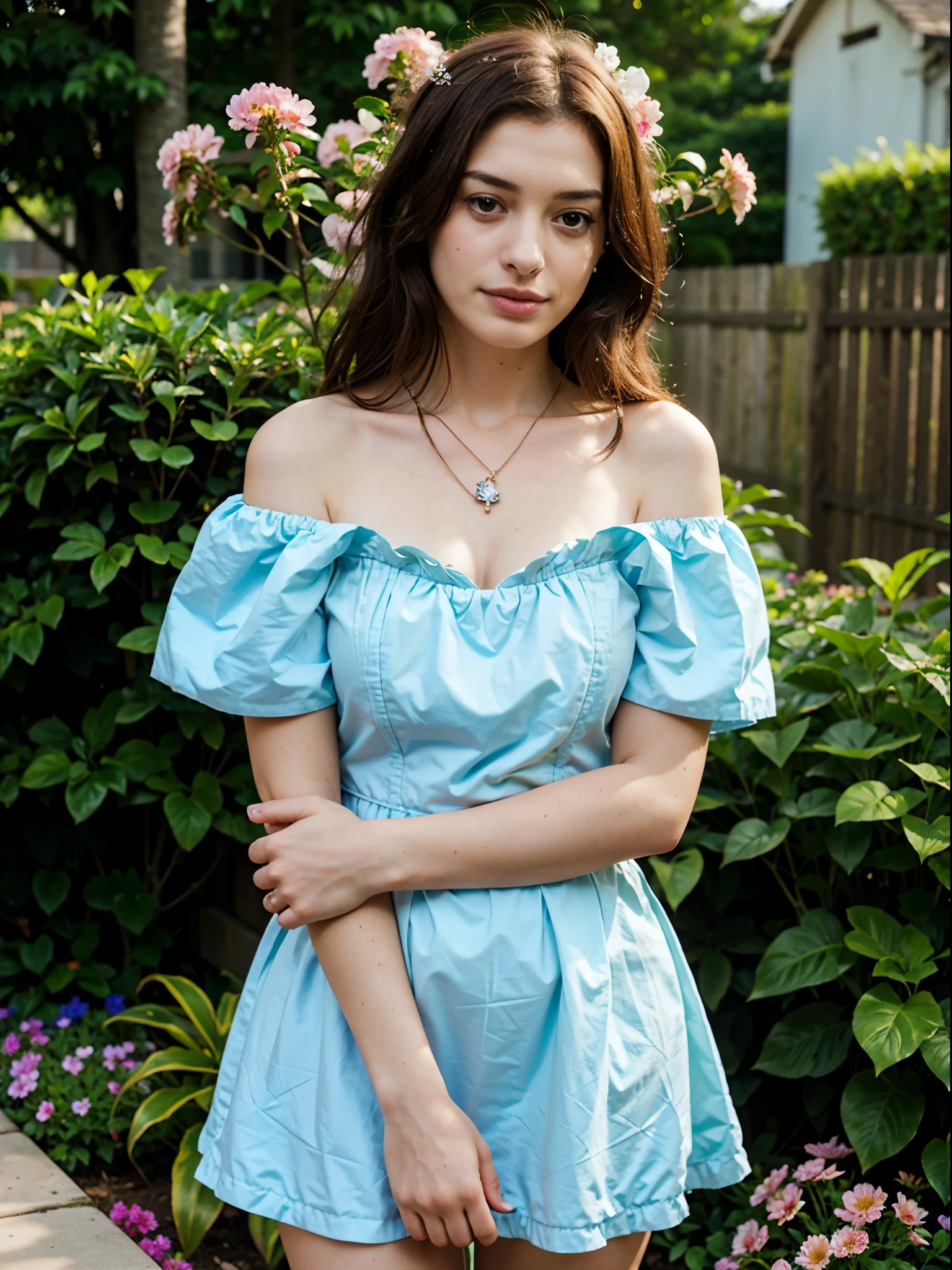 25 y.o, off shoulder dress, face like anne hathaway, garden, flower, necklace