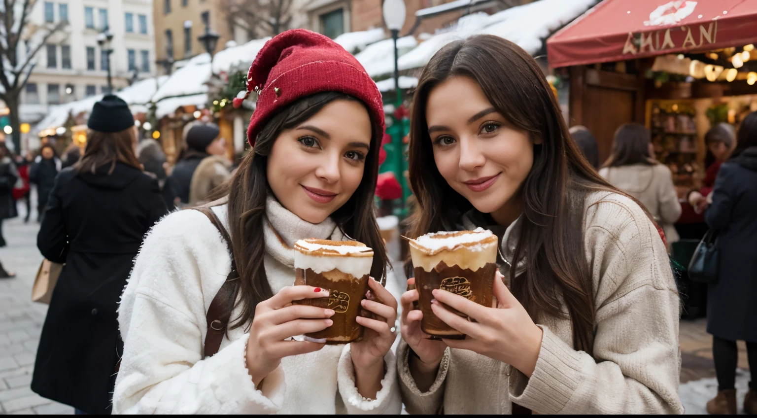 Two women enjoying a Christmas market on a cold December day in the city. They are eating churros while wrapped up warm and carrying gift bags.