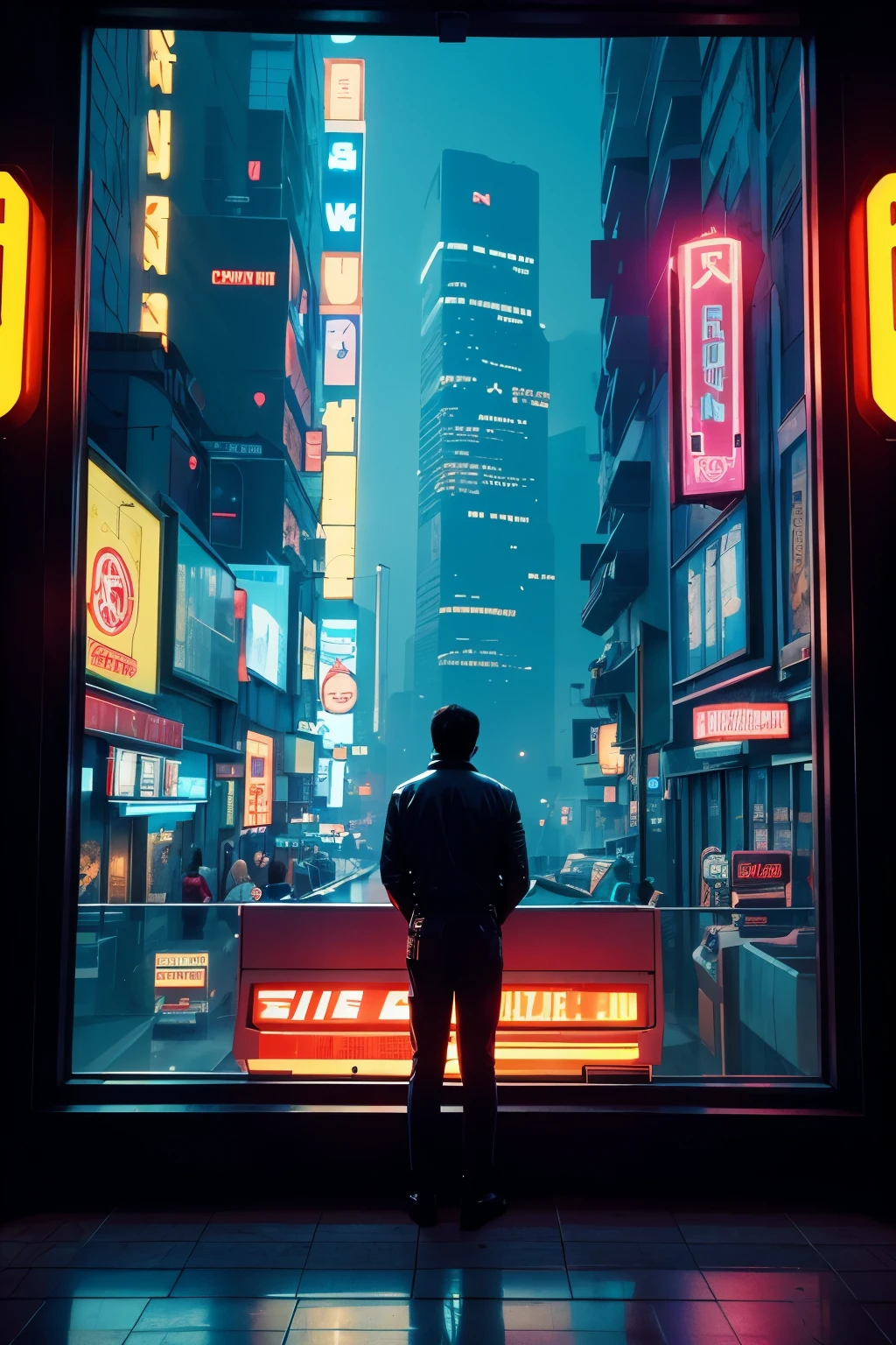 4k image from a 1980s science fiction film by Wes Anderson, Blade Runner, vibrant colors, afared man in backview wearing retro clothes looking through a window, big city retro futuristic neon, Retro-futuristic fashion clothes from the 60s with old robots, Luz Natural, Psicodelia, futurista estranho, retro-futurista, photo-realistic, Sharp background details, solitude, sadness, lonely man.