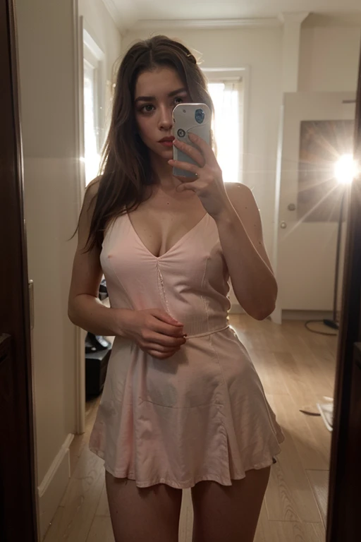Selfie photo of a cute woman,)syper realistic, masterpiece, highest quality, lens flare, shade, bloom, [[chromatic aberration]], by Jeremy Lipking, by Antonio J. Manzanedo, digital painting,pink dress