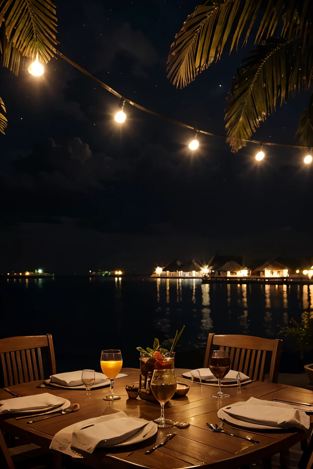 An outside dinner table in Maldives , (foods and drinks on the table) high quality, realistic, ((night time)) ((lights) , normal black sky