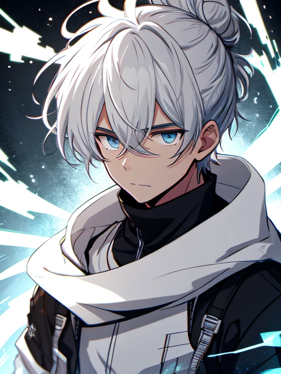 A boy with long white hair tied in bun determines, glow effect, hyperdetailed