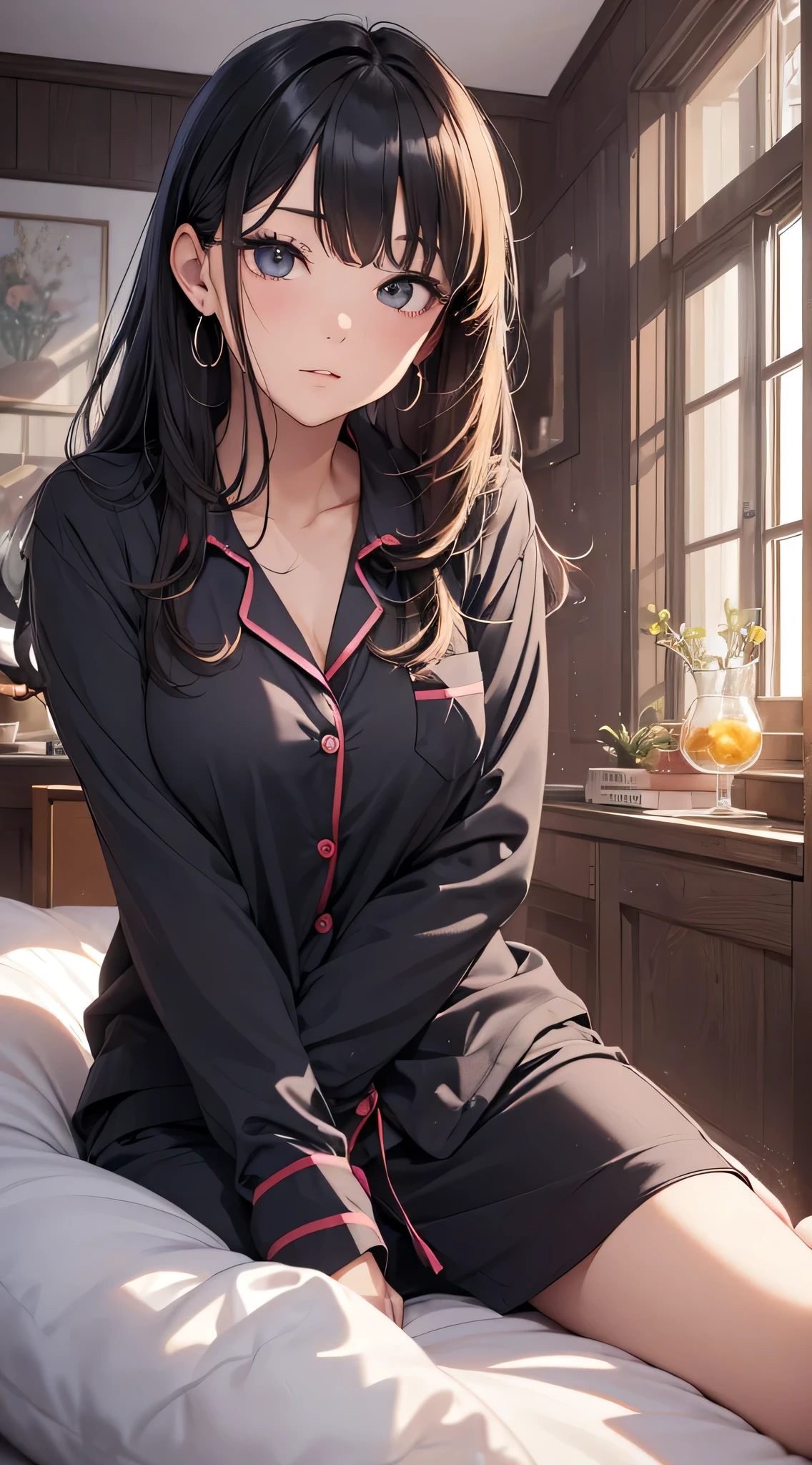 top-quality、Top image quality、masterpiece、Teenage girl((black pajamas with open buttons、18year old、 Ager、Best Bust、big bast,Black eyes, Black hair、A slender,Large valleys、Clean and clean、床futon beddingの上にいる、embarassed face、dye one's cheeks red)),hiquality、Beautiful Art、Background with((Nice and clean room.、futon bedding、animal stuffed、pink walls、Aroma diffuser))masterpiece、depth of fields,Cinematic style