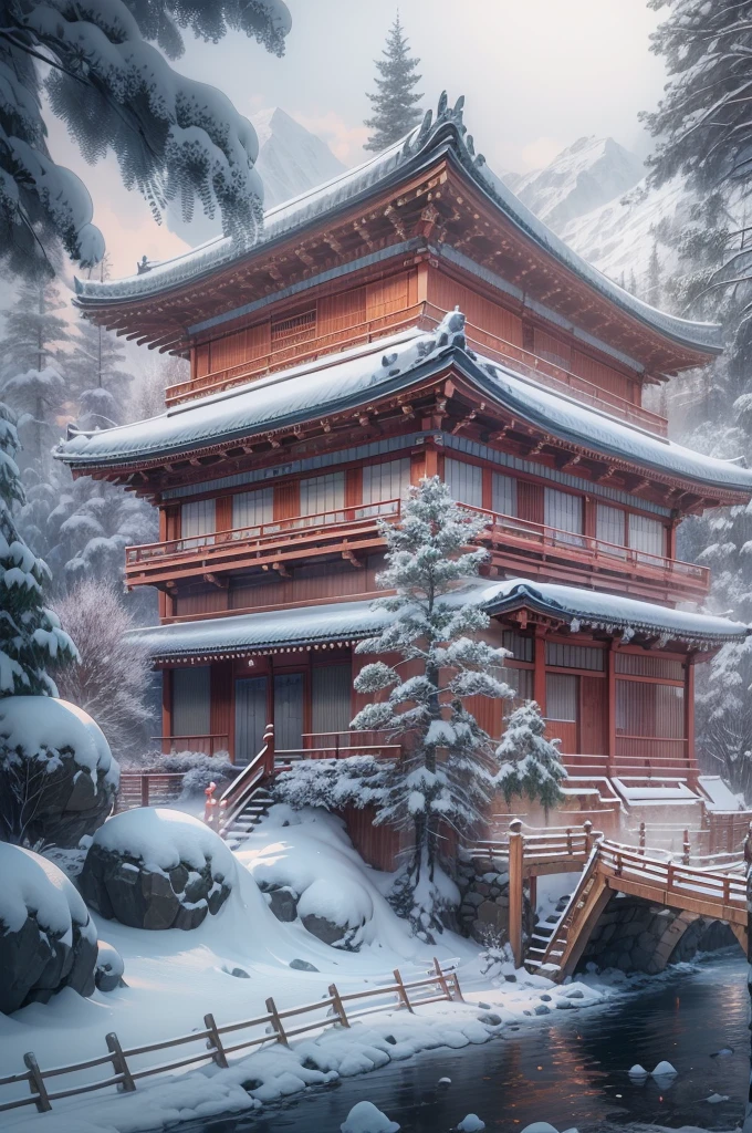 (Best Quality, 8K, masutepiece :1.3), snow mountains, Quiet snow-capped landscape, Breathtaking natural landscapes, Outside, traditional japanese building, quiet mountain resort, A quiet winter wonderland, Snow-covered peaks, Majestic beauty, pristine white snow,