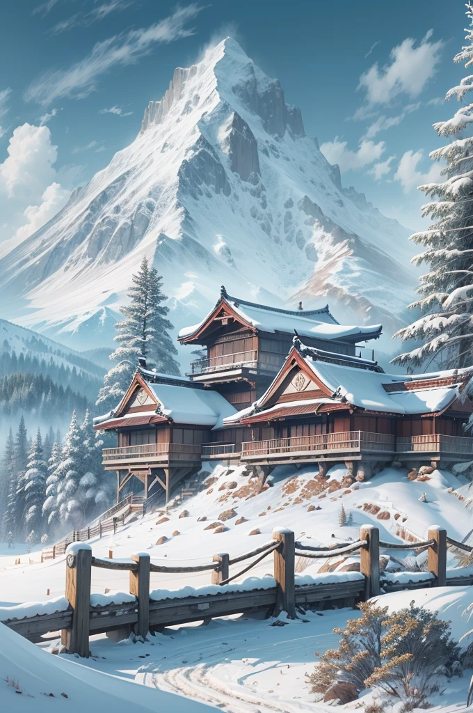 (Best Quality, 8K, masutepiece :1.3), snow mountains, Quiet snow-capped landscape, Breathtaking natural landscapes, Outside, traditional japanese building, quiet mountain resort, A quiet winter wonderland, Snow-covered peaks, Majestic beauty, pristine white snow,