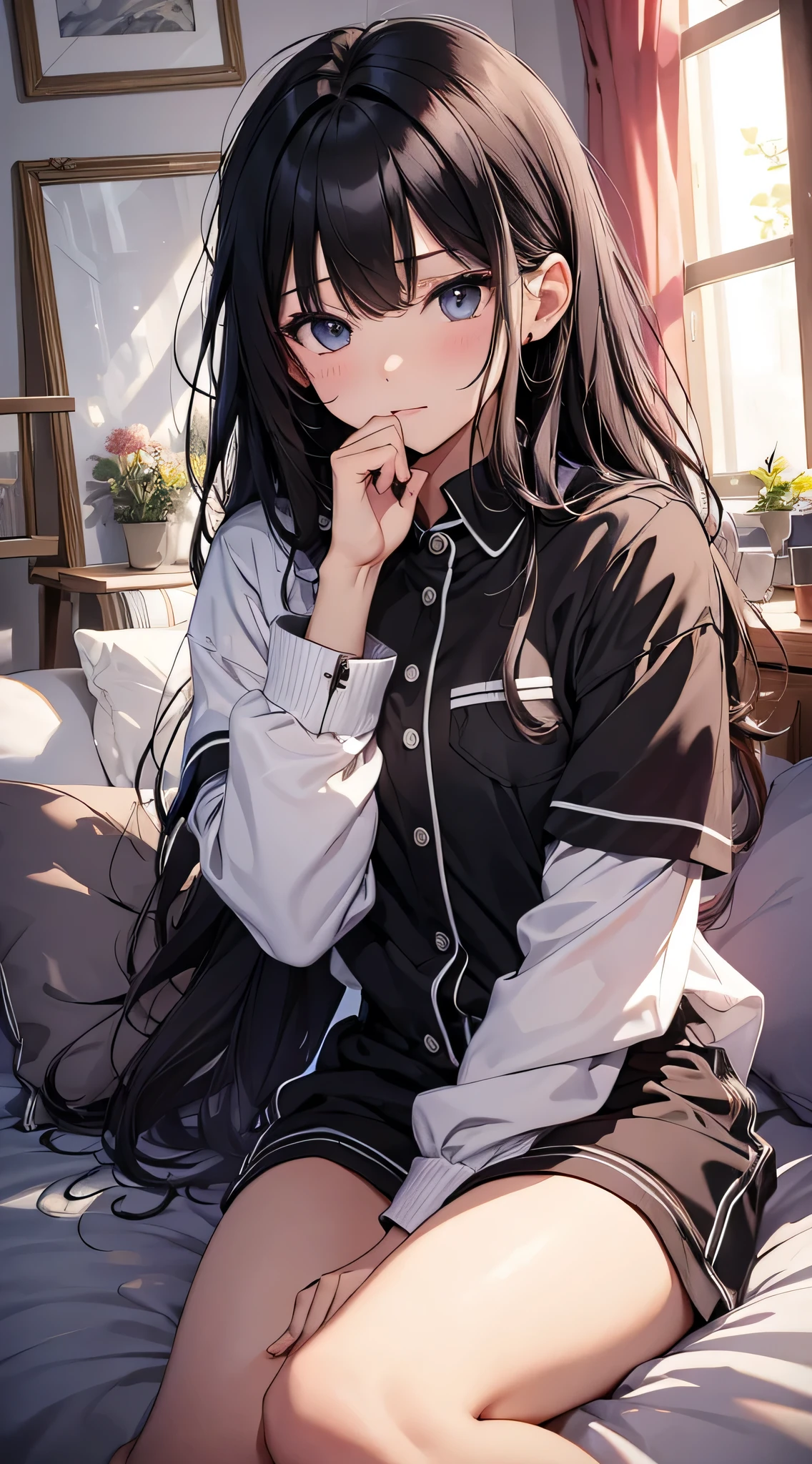 top-quality、Top image quality、masterpiece、Teenage girl((black pajamas with open buttons、18year old、 Ager、Best Bust、big bast,Black eyes, Black hair、A slender,Large valleys、Clean and clean、床futon beddingの上にいる、embarassed face、dye one's cheeks red)),hiquality、Beautiful Art、Background with((Nice and clean room.、futon bedding、animal stuffed、pink walls、Aroma diffuser))masterpiece、depth of fields,Cinematic style