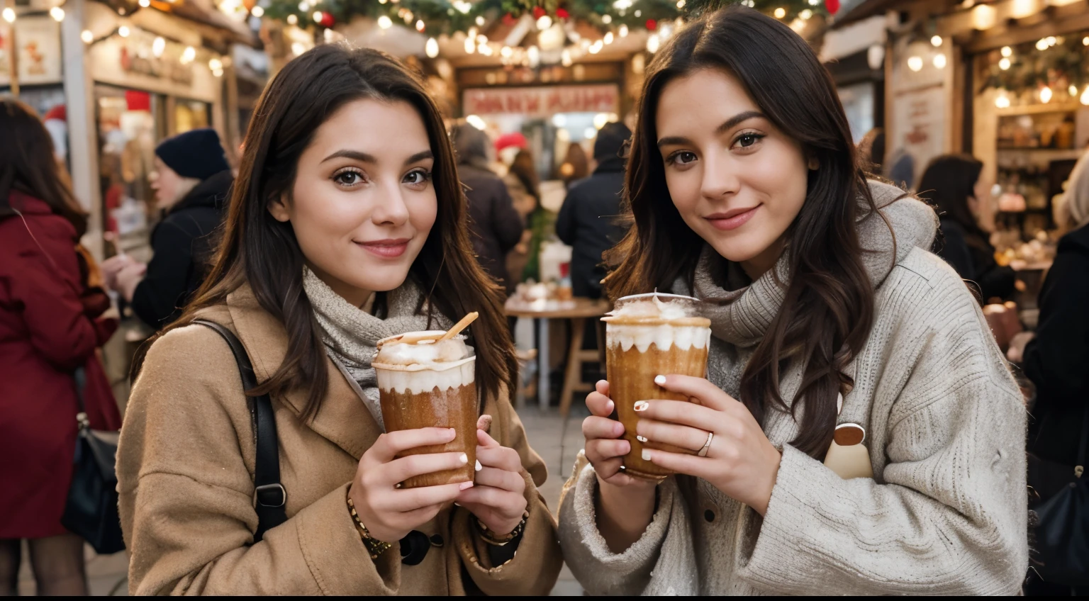 Two women enjoying a Christmas market on a cold December day in the city. They are eating churros while wrapped up warm and carrying gift bags.