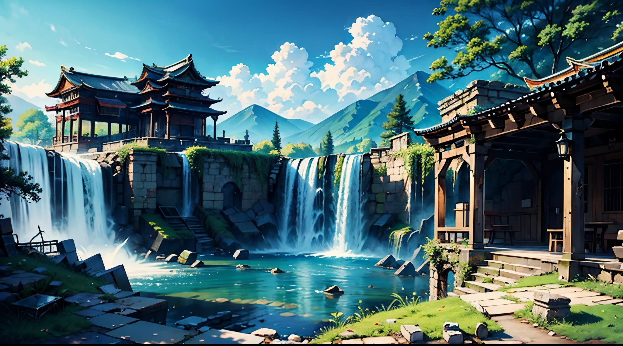 Best Quality、masutepiece、8K、Landscape painting、ruins、shrines、falls:1.2、musgo:1.2