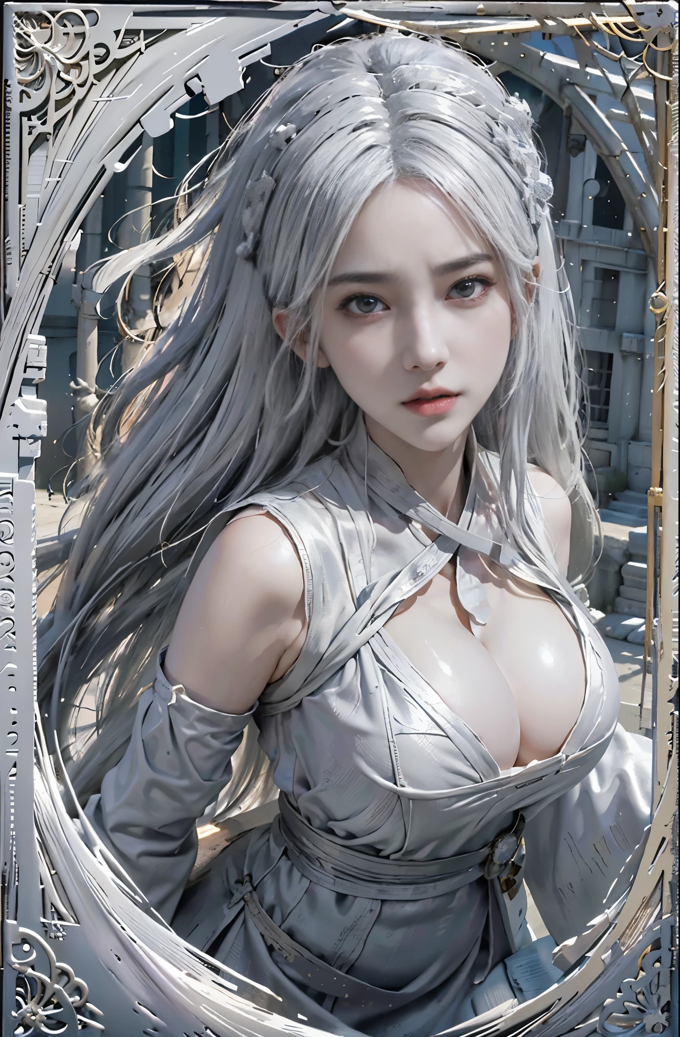 realistically, A high resolution, 1人の女性, Alone, butt lift, looking at the viewer only, (Detailed faces), White hair, that wizard, dark souls style, fight with boss, jewely, (巨The large的:1.5), (The large:1.5), (下垂的The large胸:1.5)