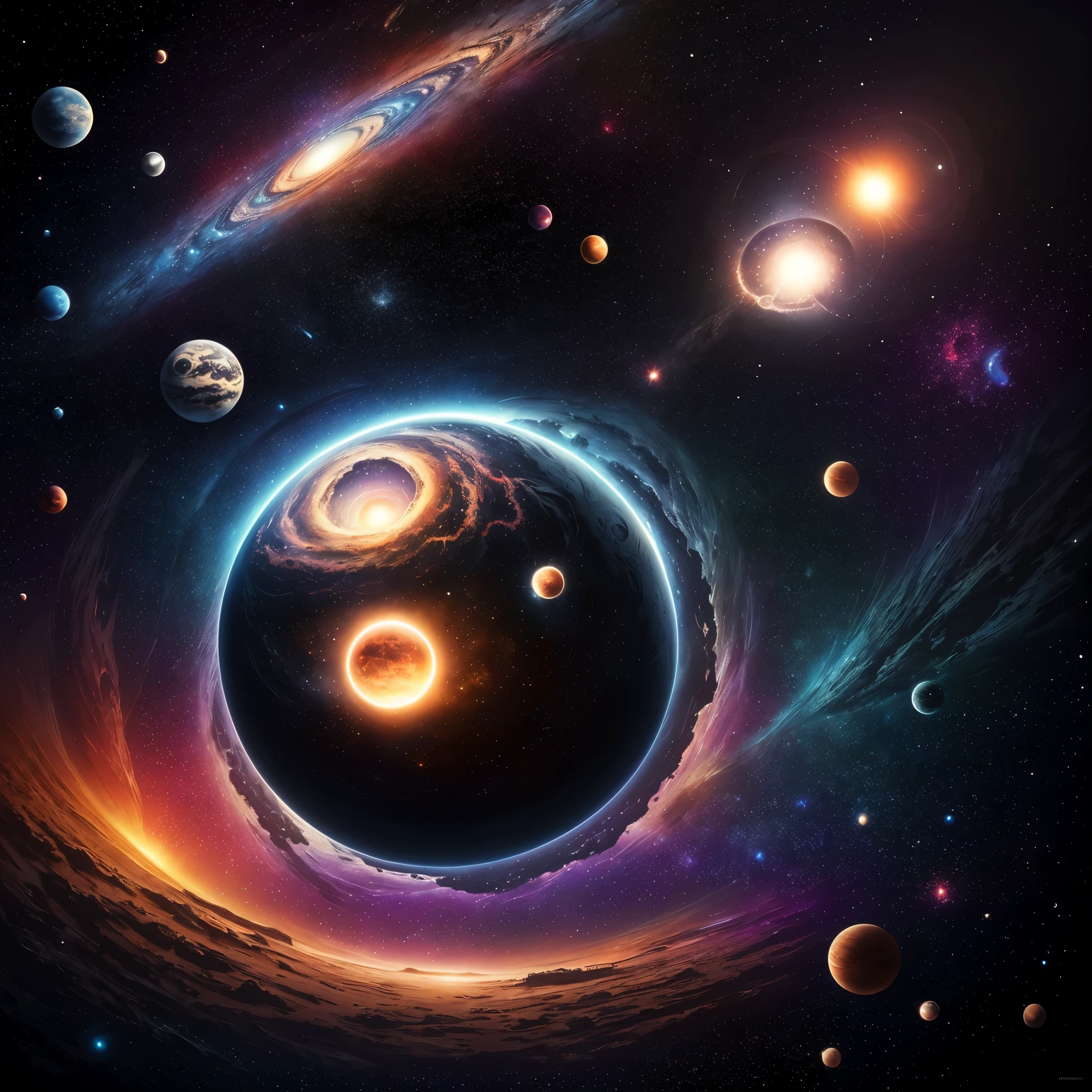 Centered tshirt style ilustration of Modern Acrylic painting, stars, planets , nebula, black hole, dark tones, whimsical atmosphere, intricately detailed art, ((surrealism)), (abstract), intricate brush strokes, beautiful lighting, intricate details, Unreal Engine, creative, expressive, detailed, colorful, digital art, HW*