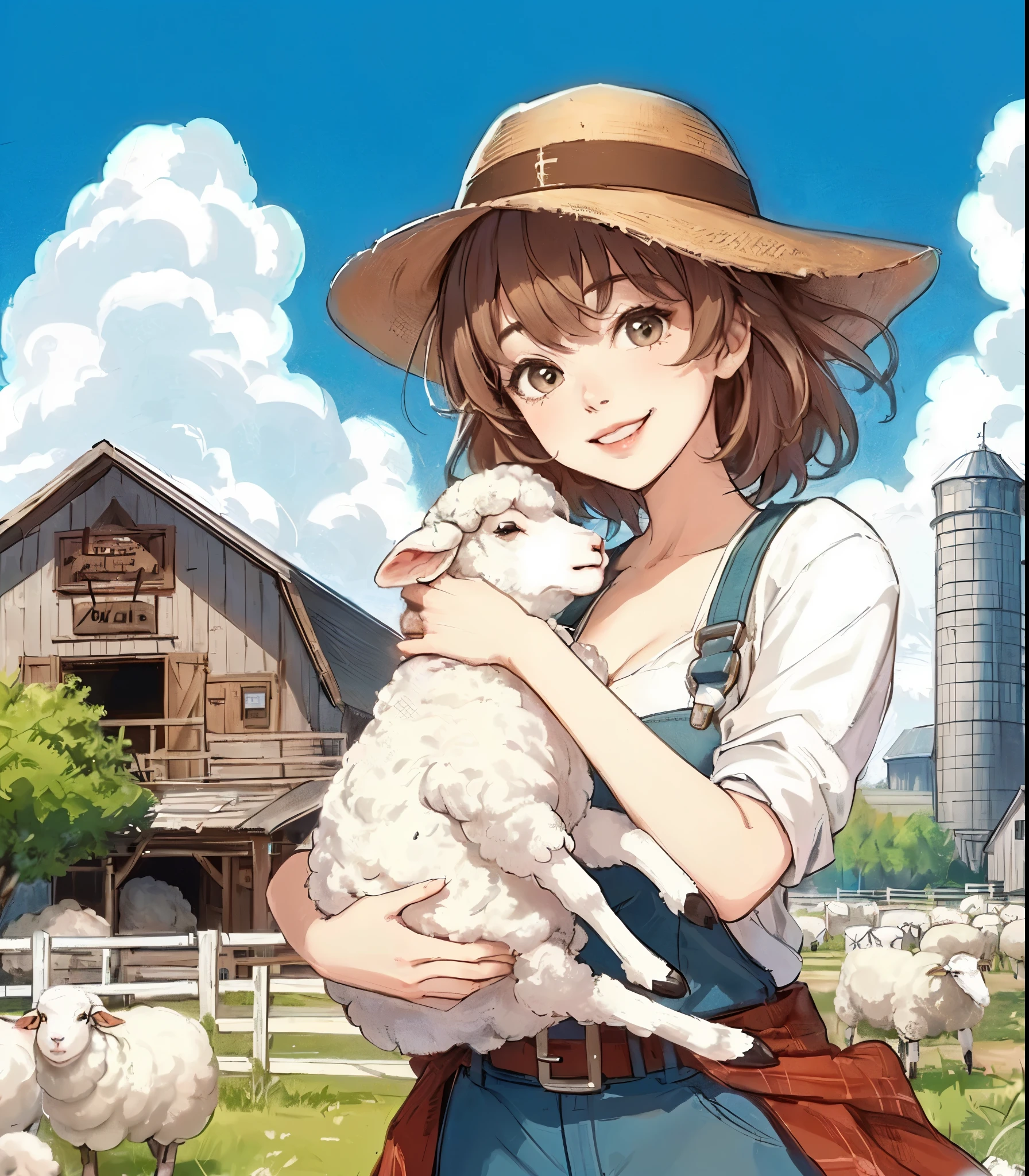 1lady solo, rancher (stylish outfit), (holding a sheep:1.2) (lifting a sheep), (looking at the sheep), mature female, /(brown hair/) bangs, kind smile, (masterpiece best quality:1.2) delicate illustration ultra-detailed, large breasts BREAK (realistic sheep smiling) illustration BREAK (sheep farm outdoors) (lots of sheep), (western-style sheep barn and silo), blue sky