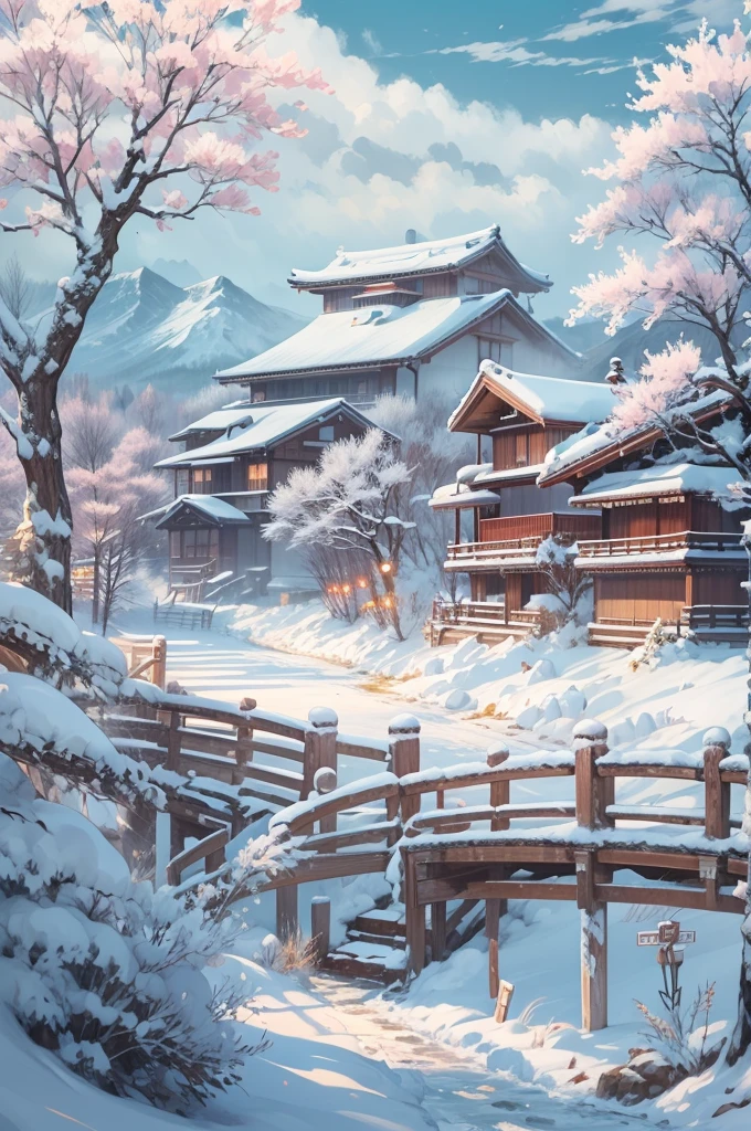 (Best Quality, 8K, masutepiece :1.3), snow mountains, Quiet snow-capped landscape, Breathtaking natural landscapes, Outside, traditional japanese building, quiet mountain resort, A quiet winter wonderland, Snow-covered peaks, Majestic beauty, pristine white snow,