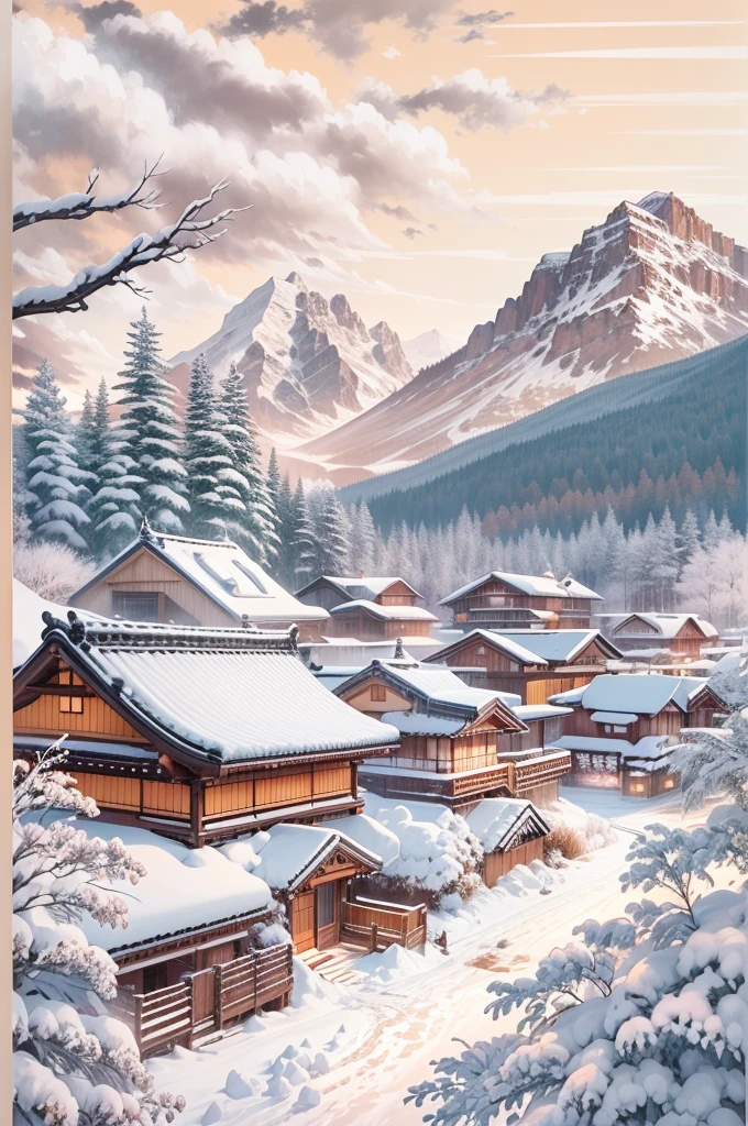 (Best Quality, 8K, masutepiece :1.3), snow mountains, Quiet snow-capped landscape, Breathtaking natural landscapes, Outside, traditional japanese building, quiet mountain resort, A quiet winter wonderland, Snow-covered peaks, Majestic beauty, pristine white snow,