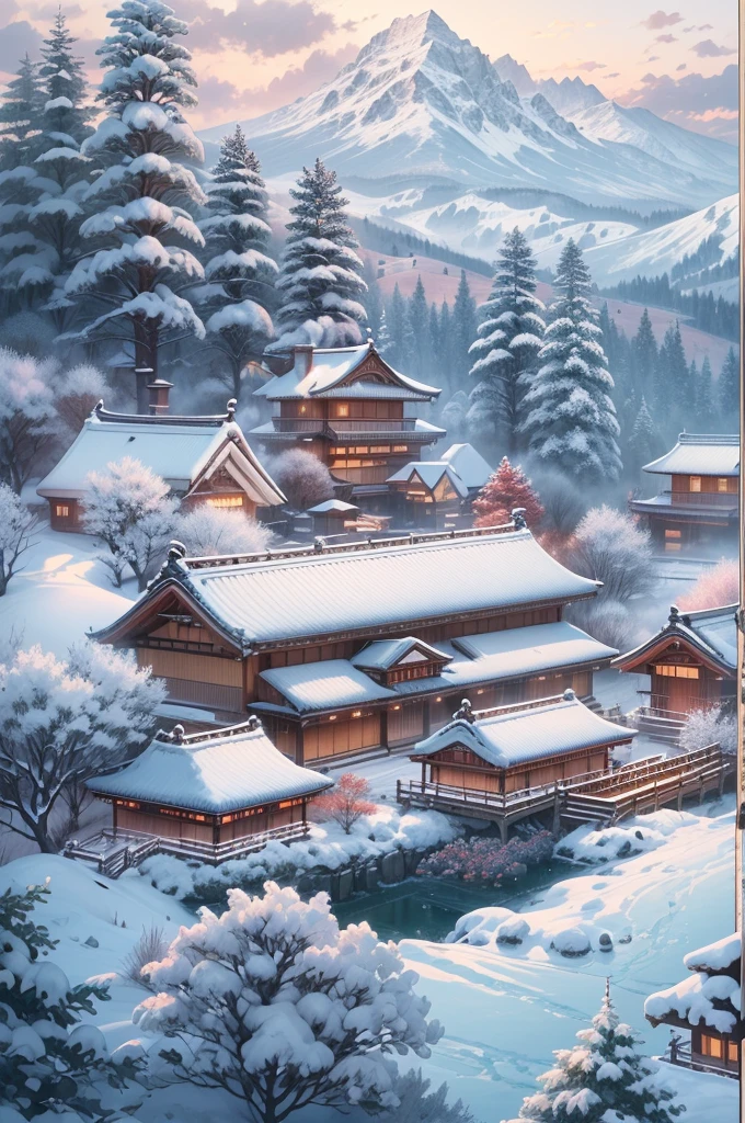 (Best Quality, 8K, masutepiece :1.3), snow mountains, Quiet snow-capped landscape, Breathtaking natural landscapes, Outside, traditional japanese building, quiet mountain resort, A quiet winter wonderland, Snow-covered peaks, Majestic beauty, pristine white snow,