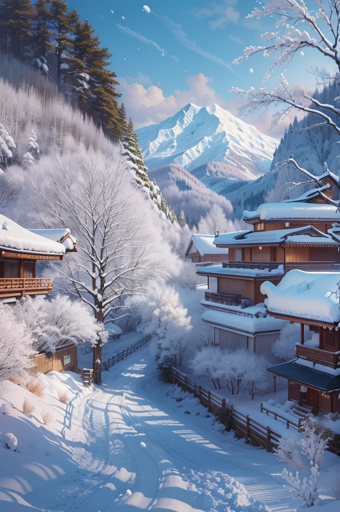 (Best Quality, 8K, masutepiece :1.3), snow mountains, Quiet snow-capped landscape, Breathtaking natural landscapes, Outside, traditional japanese building, quiet mountain resort, A quiet winter wonderland, Snow-covered peaks, Majestic beauty, pristine white snow,