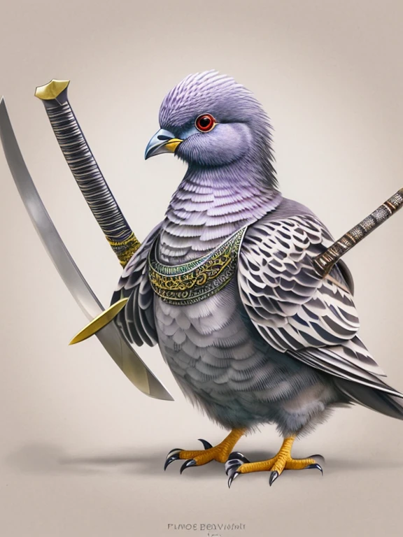 there is a pigeon with a sword and a sword in its beak, avian warrior, pigeon, realistic illustration, sharp high detail illustration, highly detailed digital artwork, hd illustration, highly detailed illustration.”, highly detailed illustration, highly detailed and colored, ultra realistic illustration, highly detailed character design, photorealistic illustration, a beautiful artwork illustration, pheasant holding a sword, hyperrealistic illustration