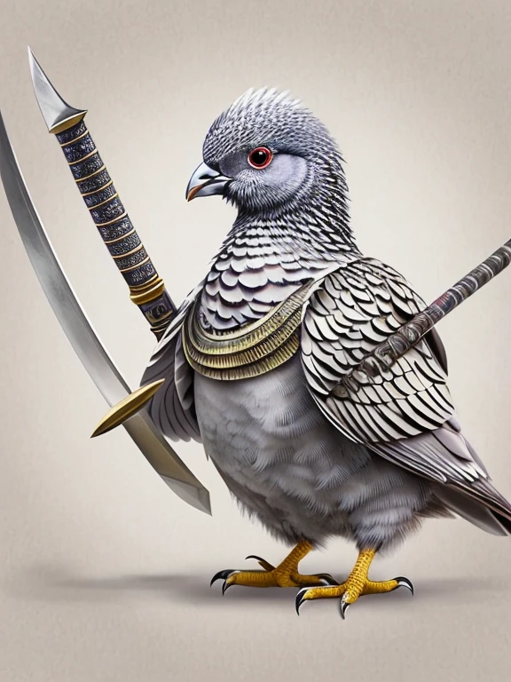 there is a pigeon with a sword and a sword in its beak, avian warrior, pigeon, realistic illustration, sharp high detail illustration, highly detailed digital artwork, hd illustration, highly detailed illustration.”, highly detailed illustration, highly detailed and colored, ultra realistic illustration, highly detailed character design, photorealistic illustration, a beautiful artwork illustration, pheasant holding a sword, hyperrealistic illustration