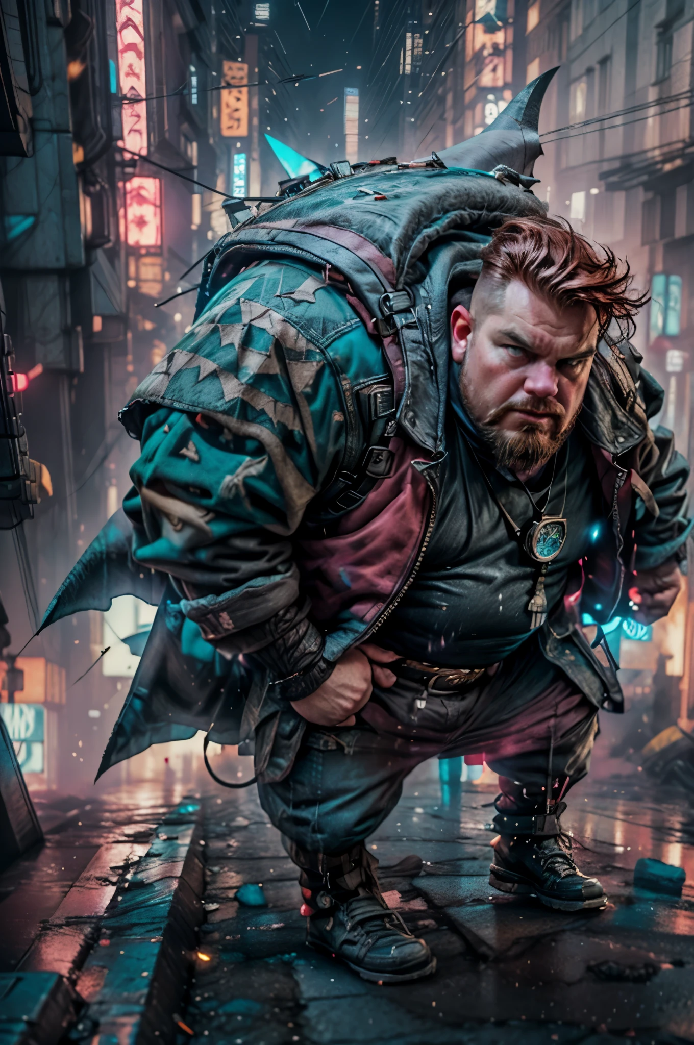 Extremely long shot, Shooting from a high angle, character Carlson shark man, airplane propeller on the back, Physically obese, big belly and cheeks, redhead hair, Wearing a leather vest, mechanical leg, mechanical prosthetic hand, Cyberpunk style, flying over the night city with skyscrapers in cyberpunk style, super fast lens, pink and green neon, character Astrid Lindgren, hbo cinematic channel, Highly detailed, 8K, free fall scene, It's raining