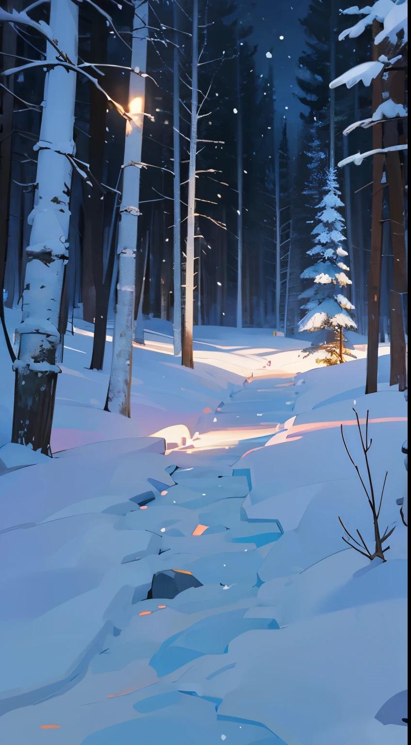 snow,snowing, dense forest,trail,trees,((night)),no human