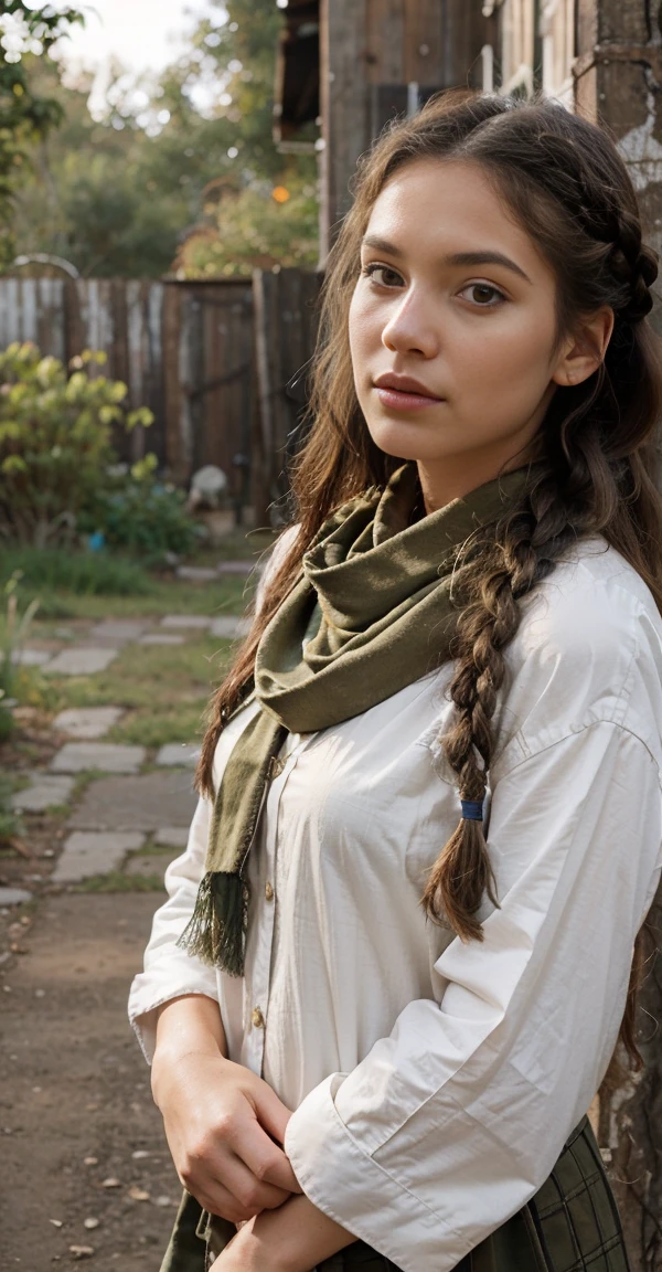 A minimalist yet impactful portrait of a young woman modeling a repurposed vintage outfit. Her hair is styled in a  braid, and she wears a carefully curated ensemble of thrifted clothes and upcycled accessories. The backdrop is a lush  garden, showcasing her commitment to sustainable fashion and ethical consumption. The overall mood is conscious and creative, inspiring viewers to embrace a more mindful approach to style and environmental responsibility.Dress her in neutral tones like khaki or olive green to blend with the natural environment.
Add a patterned scarf or bandana for a pop of color and personality.
Give her sturdy boots or hiking shoes for exploring the wildlife sanctuary.