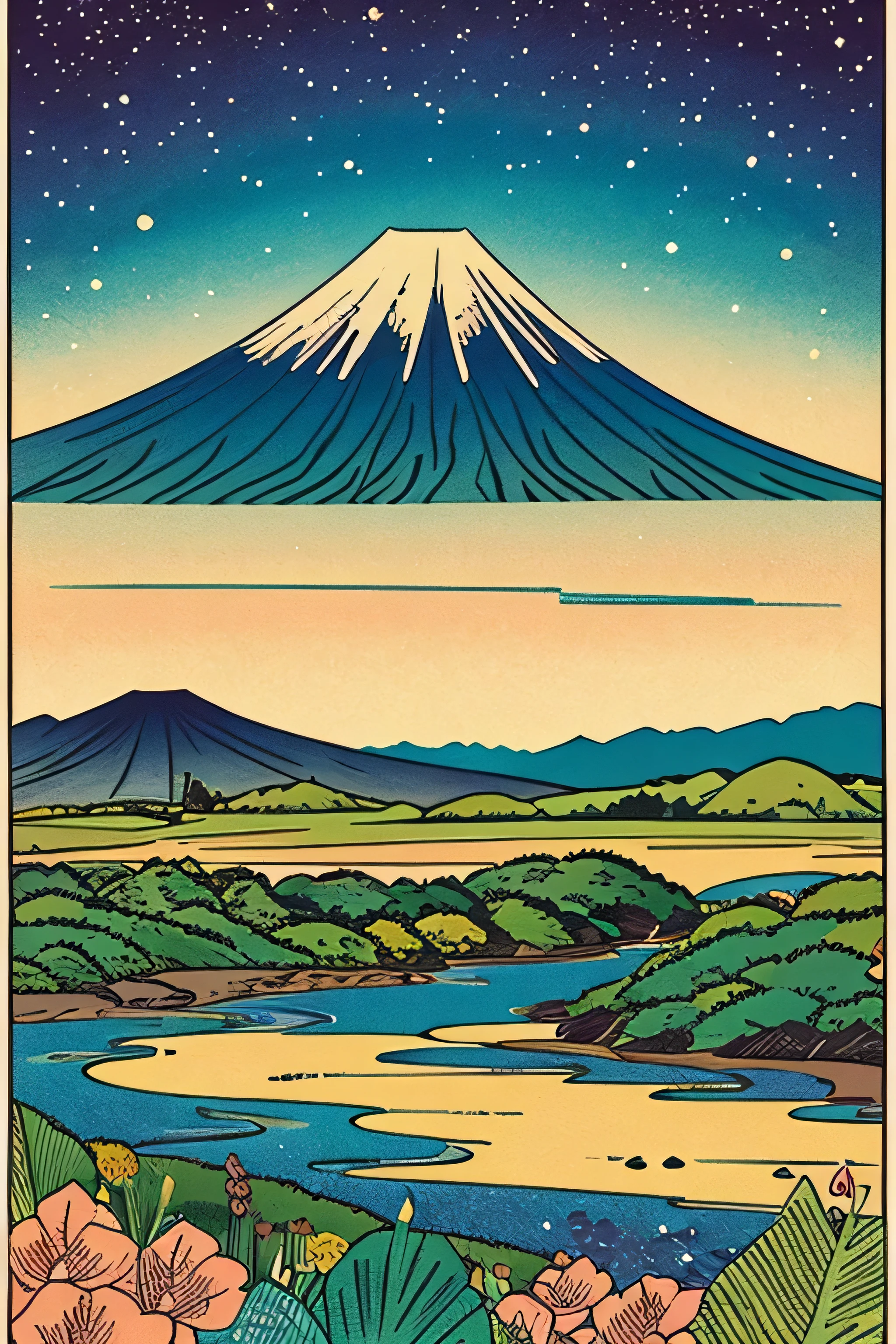 Ukiyo-e style landscapes pop music colourfull Artitech Cartoon style Mt fuji