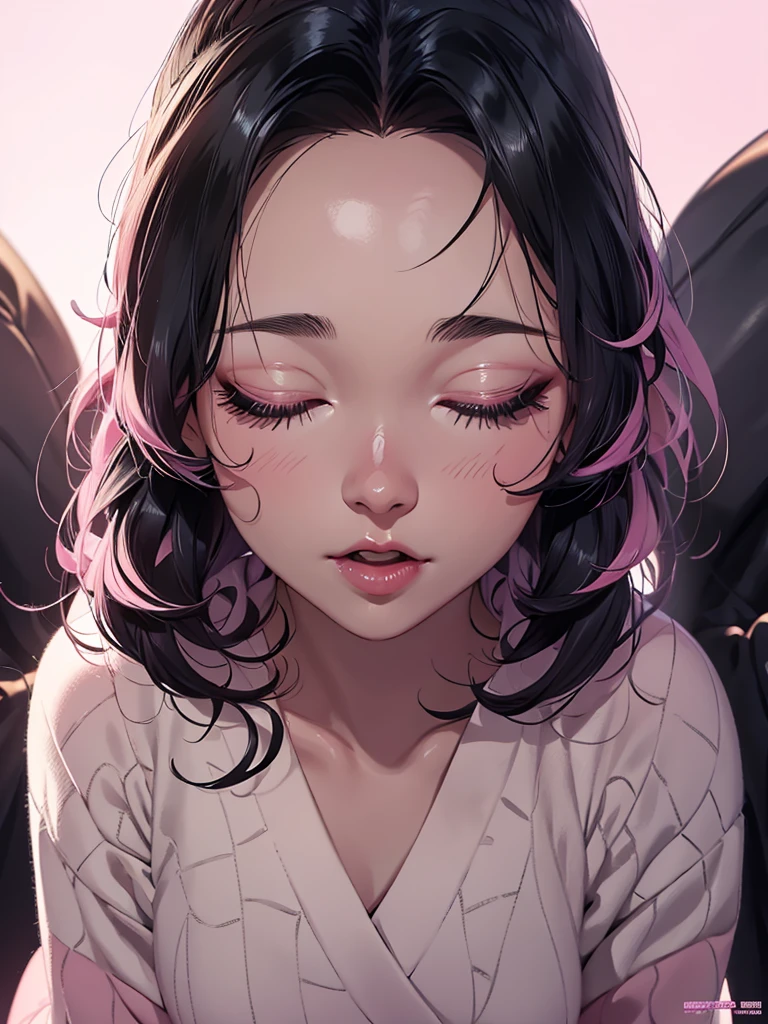overhead shot, extreme close-up, ((face waiting for kiss)), eyes closed, 1girl, open mouth, eyelash extension, pink cheek, thick lips, black hair,