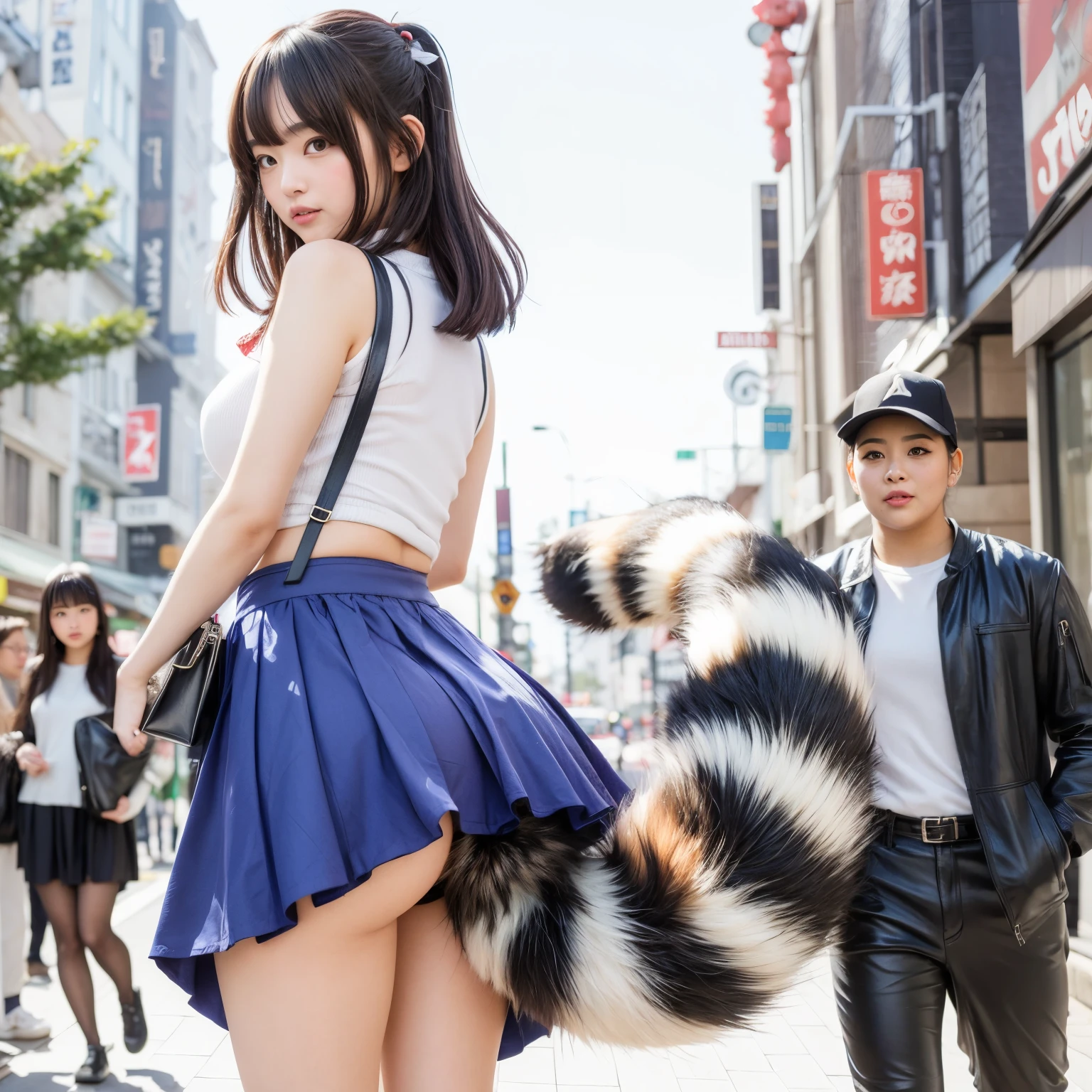Girl with a tail in a skirt on the city street, Tanuki tail, fluffy tail, Furry tail, female furry mini cute style, thick fluffy tail, Surprised face, a picture, top-quality, small tits, slender, white panties,