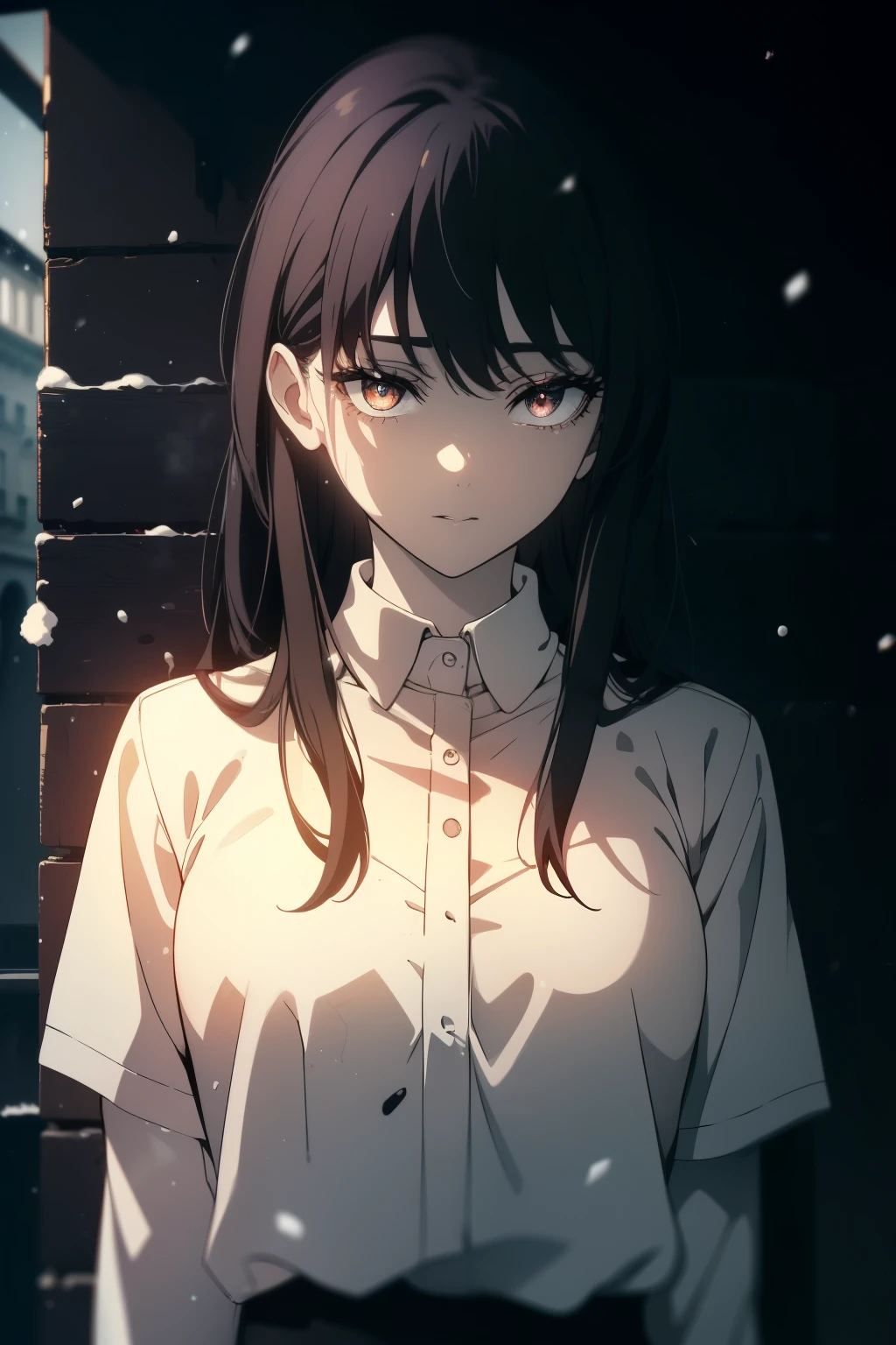 (Obra maestra, La mejor calidad, ultrahigh resolution), 1girl, standing, school uniform, white office shirt, black pleated skirt, (((black hair, dark black hair))), long hair cut, pale skin, ((brown eyes)), glowing_eyes, neon eyes, (ultra detailed eyes:0.7, beautiful and detailed face, detailed eyes:0.9), ((centered)), smile, facing viewer, eye level, ((vibrant background, snowy landscape, cityscape, snowing, snow)), flat chested, looking at viewer, ((half closed eyes)), ((perfect hands)), (((head:1, arms, hips, elbows, in view))), ((hands behind back)), empty eyes, beautiful lighting, outside, outdoors, background, defined subject, 25 years old, (head tilt)