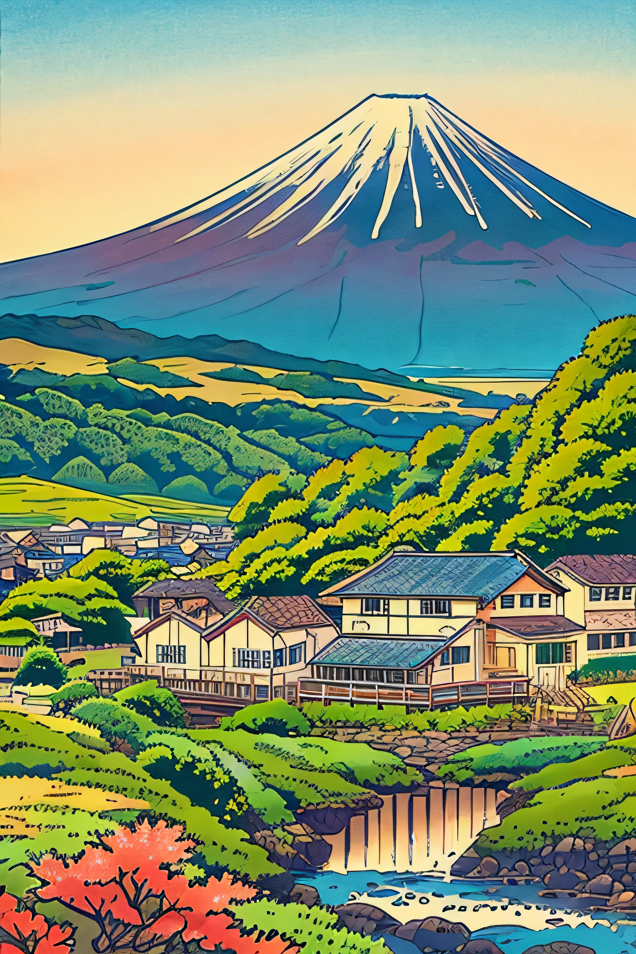 Ukiyo-e style　landscapes　pop music　colourfull　Artitech　Cartoon style　Mt fuji