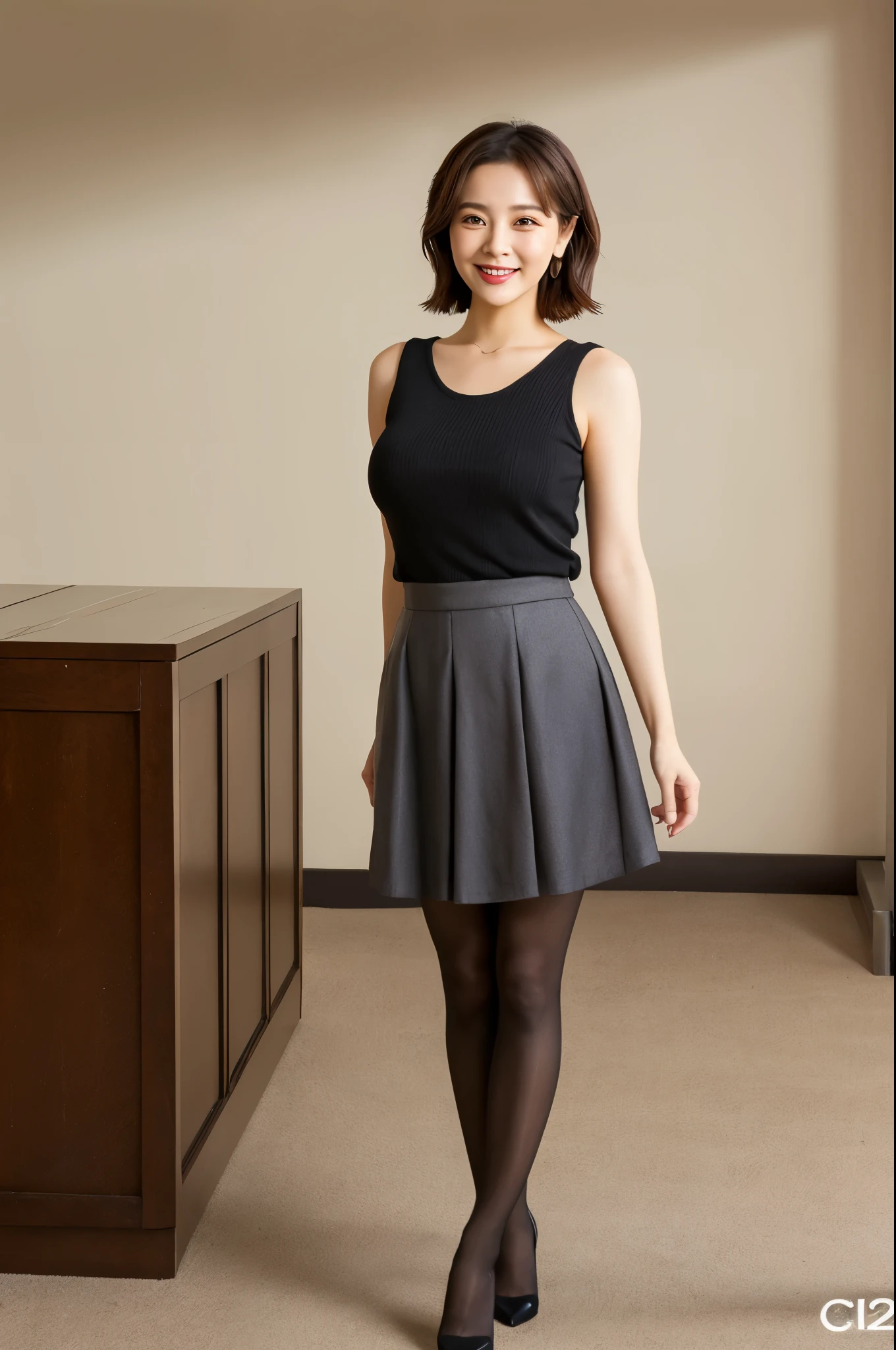 ulzzang -6500-v1.1, (Raw photo:1.2), (Photorealsitic), Beautiful detailed, (Real: 1.4), ighly detailedな目と顔, beatiful detailed eyes, Standing in the office、(Sleeveless High Neck Sweater、flered skirt、Ultra-realistic pantyhose、high-heels)、Standing cross-legged、huge filesize, hight resolution, ighly detailed, top-quality, [​masterpiece:1.6], illustratio, ighly detailed, nffsw, finely detail, top-quality, 8k wallpaper, Cinematographic lighting, 1 milf, 43 yeas old, perfect body type, cute droopy eyes beautiful big eyes、Pieckfinger, ((masutepiece)), Best Quality, 1 milf, eye shadow, Upper body, Portrait, ((FULL BODYSHOT:1.2))、(Very affectionate smile:1.2)、