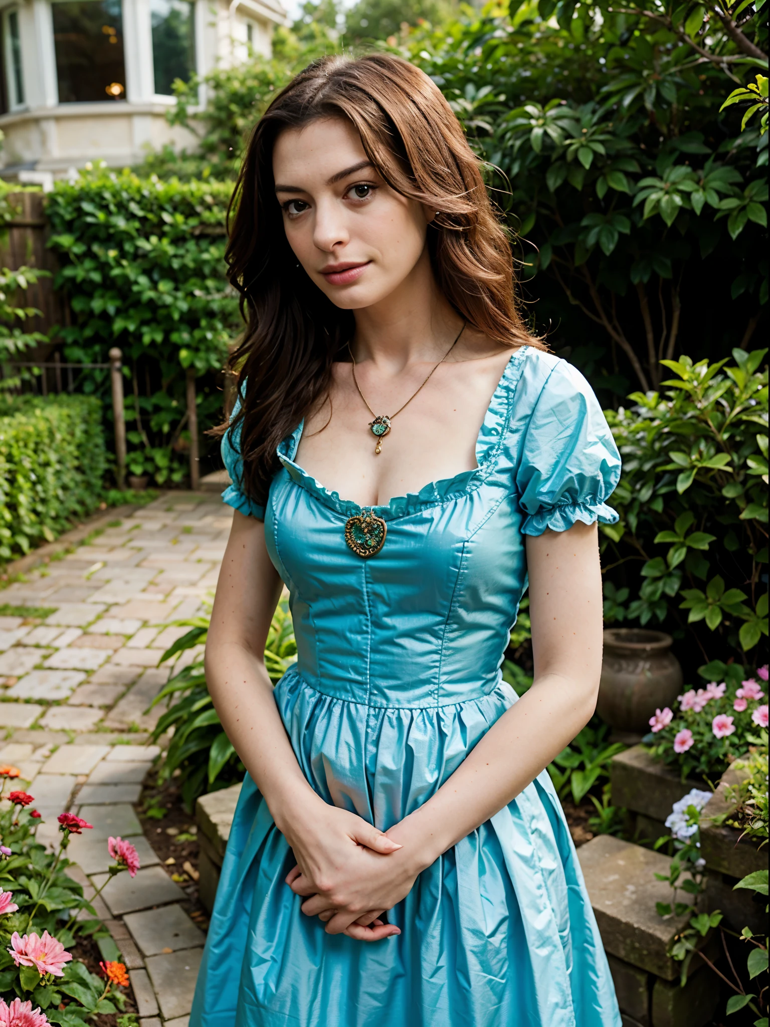 face like anne hathaway, garden, necklace, victorian dress