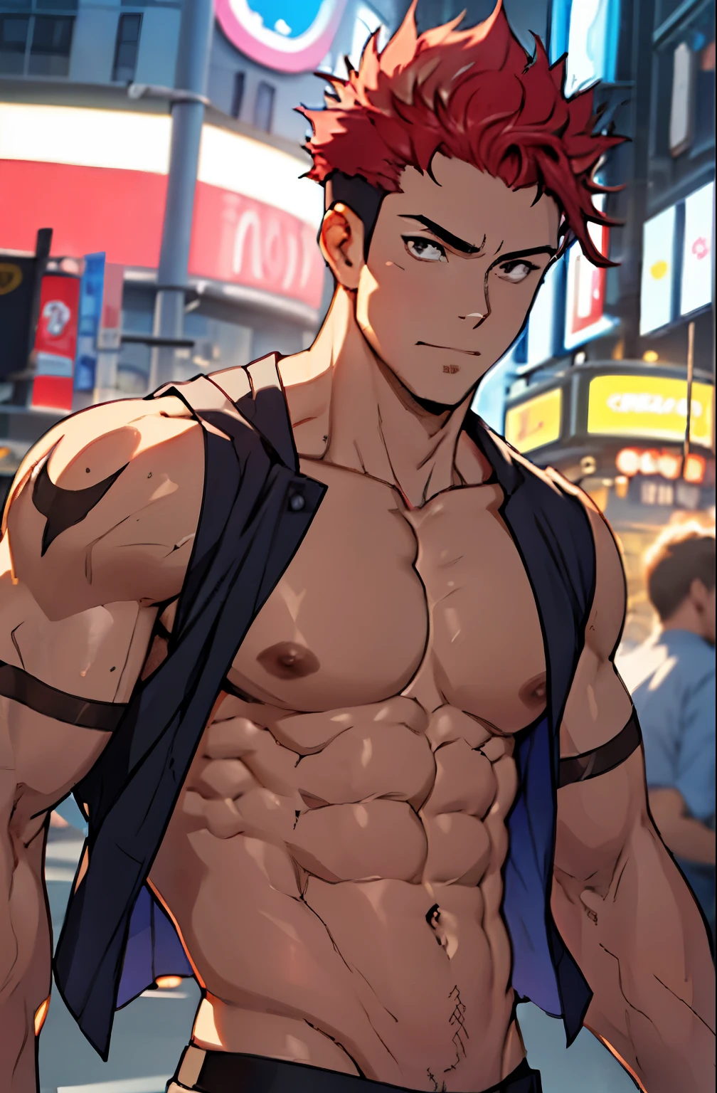 A mais alta qualidade, 8K, image high resolution, Detailed strokes, no meio de uma avenida movimentada estilo Times Square, muito sol, 夏天 , muito calor, apoiado em um dos postes, adolecente, Red Hair, no shirt  , masculo, swollen chest  , suado, (Angle that highlights your muscles ), (Angulo Perto) , musculos amostra,  pernas definidas, defined arms, abdomen definido, no shirt, corpo suado por causa do calor, lindos corpo musculoso e definido, corpo detalhado